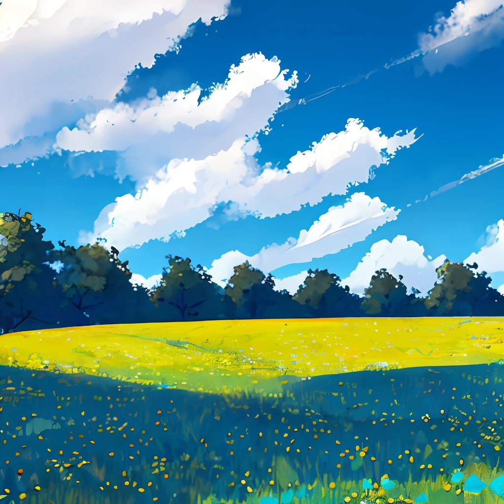 There is a painting of a field with yellow flowers and trees - SeaArt AI