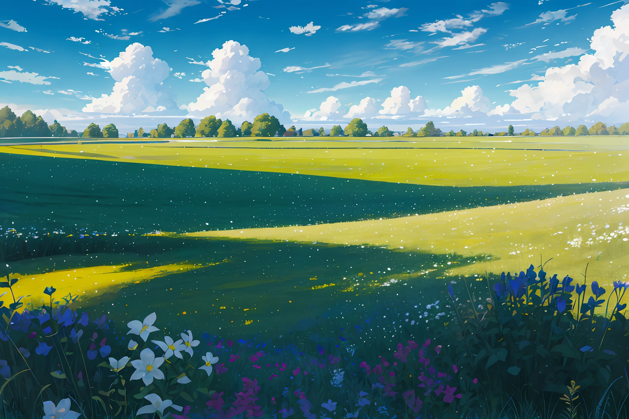 Meadows under blue sky and white clouds