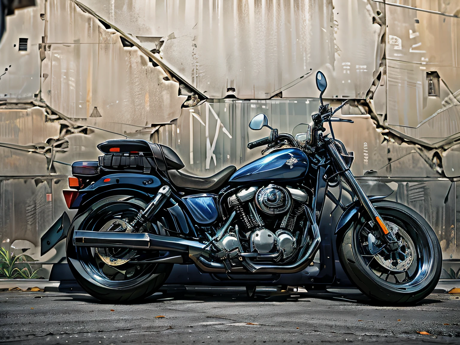 A cruising motorcycle parked by the wall