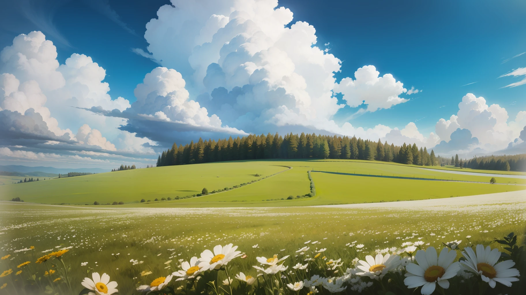 Meadows under blue sky and white clouds