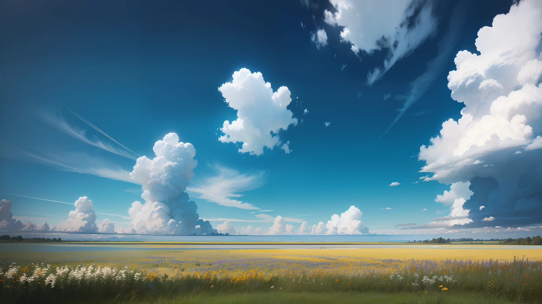 Meadows under blue sky and white clouds