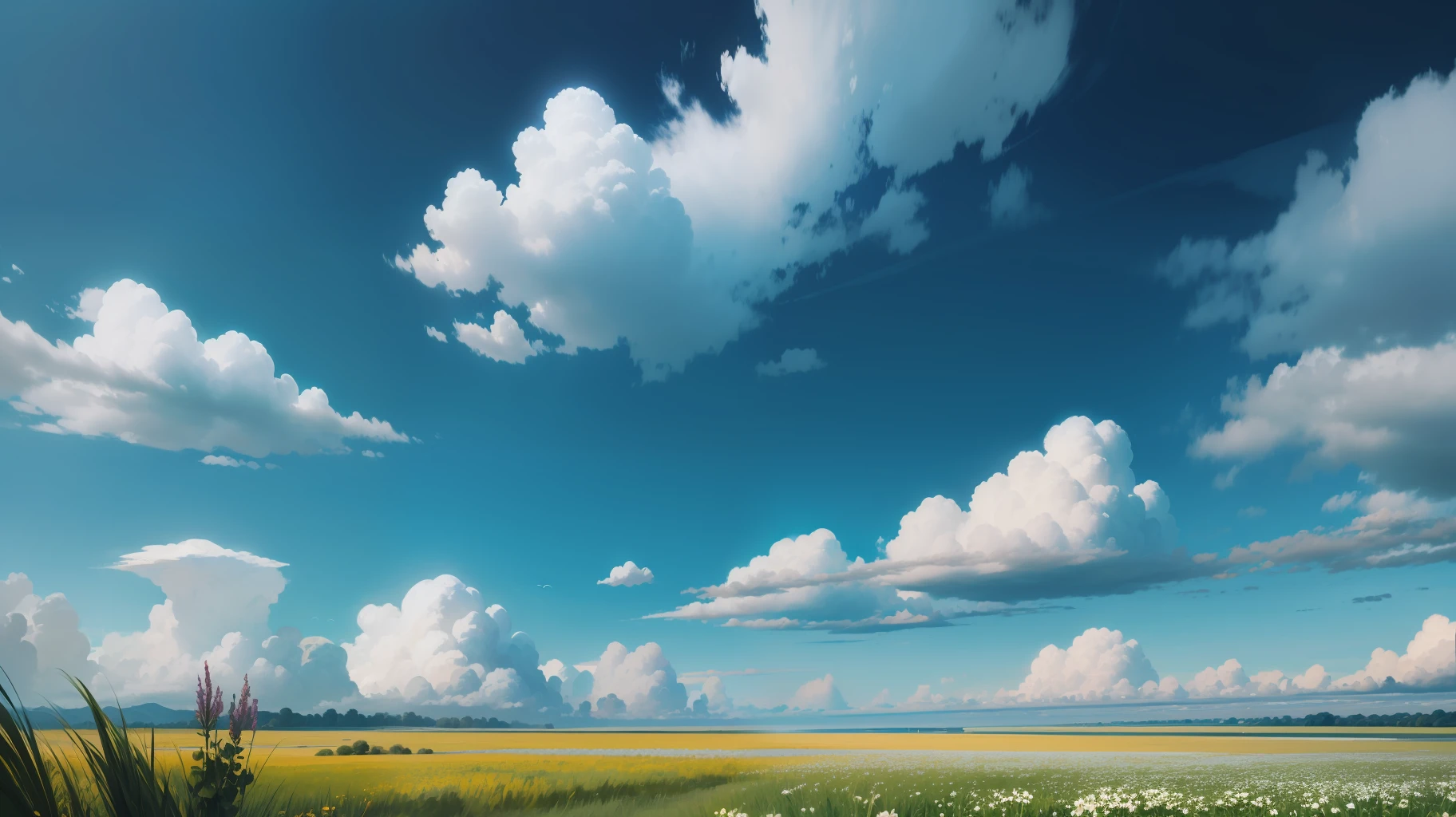 Meadows under blue sky and white clouds