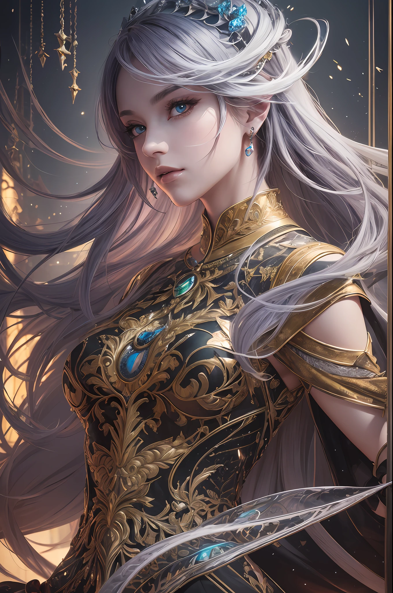 (((masterpiece))), (((best quality))), ((ultra-detailed)), (hyperrealistic), (highly detailed CG illustration), ((an extremely delicate and beautiful)),cinematic light, Create a stunning anime artwork that is currently trending on ArtStation, showcasing exquisite beauty and captivating aesthetics. The art piece should be highly detailed, featuring a compelling character and a visually appealing environment. The character in the artwork is a graceful and enchanting figure, radiating an aura of elegance. Pay close attention to intricate facial features, such as mesmerizing eyes with vibrant colors and delicate shading. The character's clothing should be designed with elaborate patterns, flowing fabrics, and rich textures, reflecting a blend of fantasy and contemporary fashion. Place the character in a captivating environment that enhances the overall appeal of the artwork. It could be a breathtaking natural landscape, a bustling futuristic cityscape, or a mystical realm filled with magical elements. Incorporate vibrant colors, dynamic lighting, and detailed background elements to create a sense of depth and immersion. Consider the latest trends in anime art, such as incorporating unique lighting effects, exploring creative composition techniques, or experimenting with unconventional color palettes. Take inspiration from the top artists on ArtStation and their exceptional execution of various art styles and themes. Camera: Choose an angle that highlights the character's beauty and the immersive environment. Lighting: Utilize atmospheric lighting techniques to create depth and mood. Resolution: Aim for a high-resolution artwork to showcase intricate details and clarity. Art Inspirations: Seek inspiration from the trending artists on ArtStation, exploring different styles, genres, and themes.