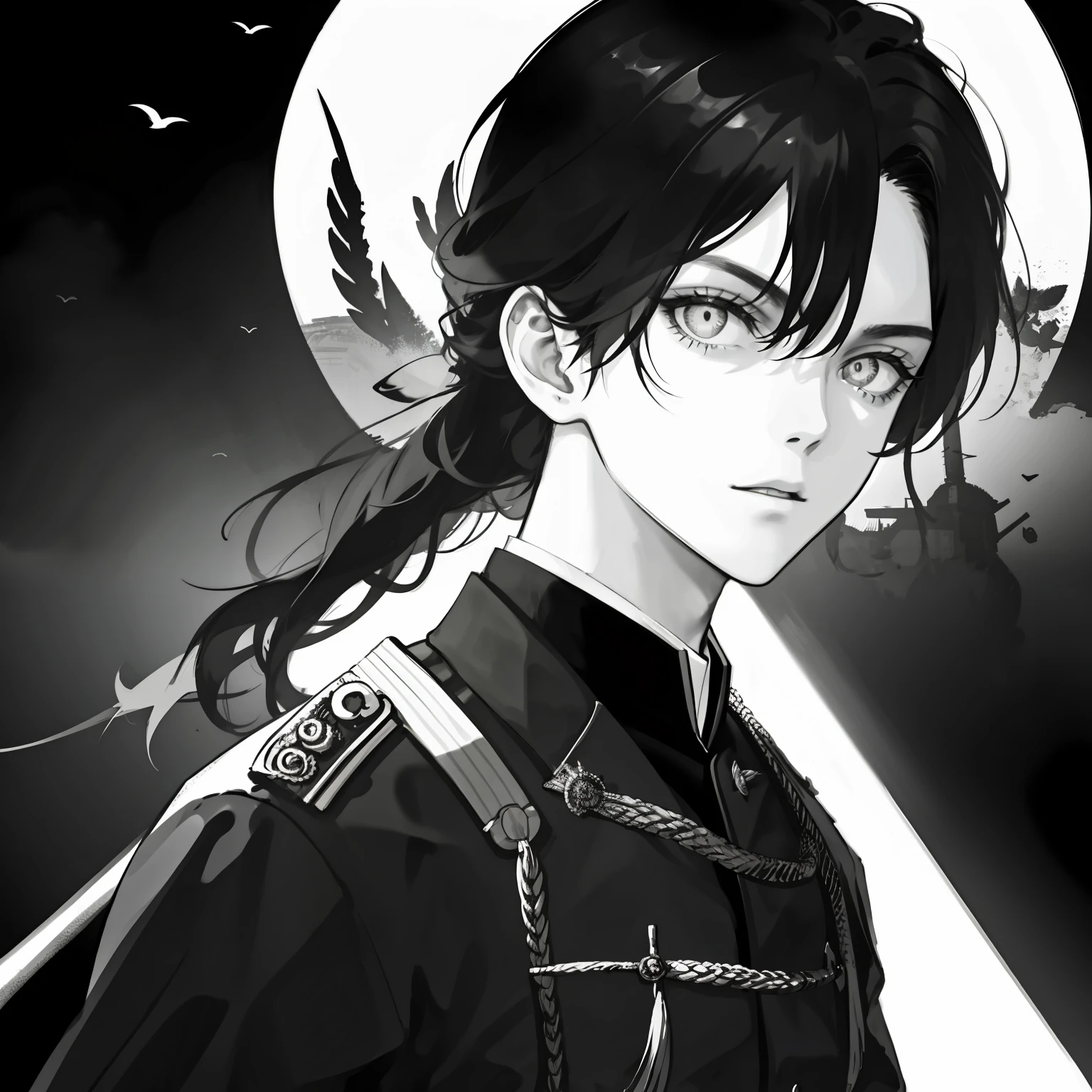 "Japanese officer, resistance era, WW2, looking at camera, eyes gleaming, intense gaze, military uniform, focused, historical, portrait, monochrome, dramatic lighting"