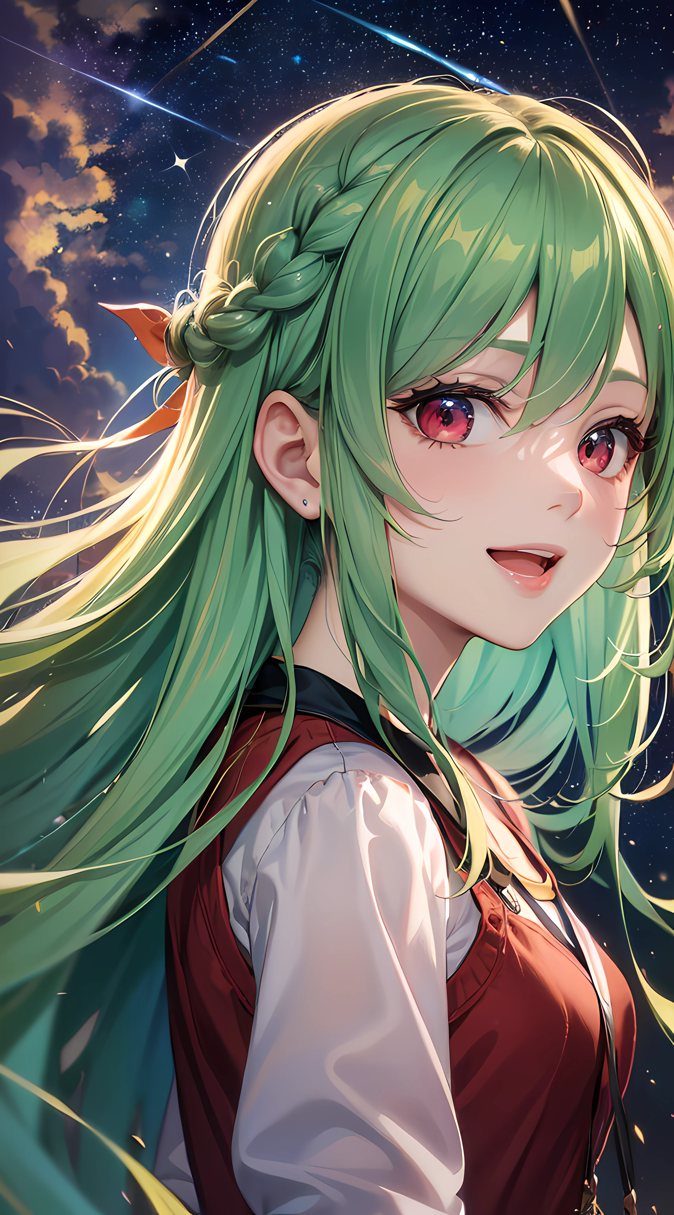 Anime girl with green hair and red eyes looking at the stars - SeaArt AI