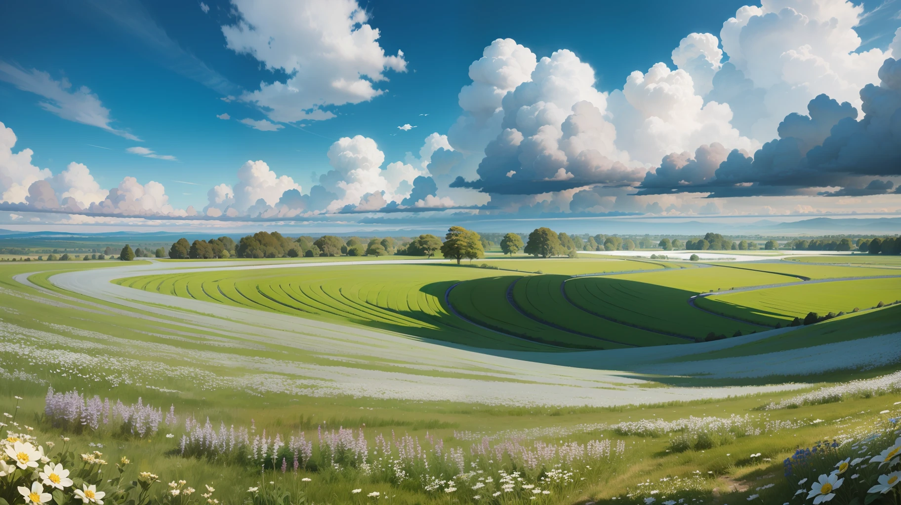 Meadows under blue sky and white clouds