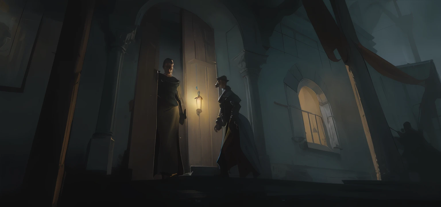 best qualiy,high resolutions,master-piece:1.3,Medieval nights,It was raining and there was a woman standing in the doorway,A man greeted her with a lamp, Dramatic lighting. concept arts, dark concept art, eerie nostalgic concept art, keyframe illustration, an ominous fantasy illustration, concept art scene, dramatic concept art, nightlight study, concept painting, dark fantasy concept art, fantasy atmospheric lighting, painterly concept art, concept art for movies,by Christophe Vacher, walking out of a the havens gate, greg olsen, by Alexander Kucharsky, marc _ simonetti, by Pablo Munoz Gomez, by Roman Bezpalkiv, ted nasmith and marc simonetti