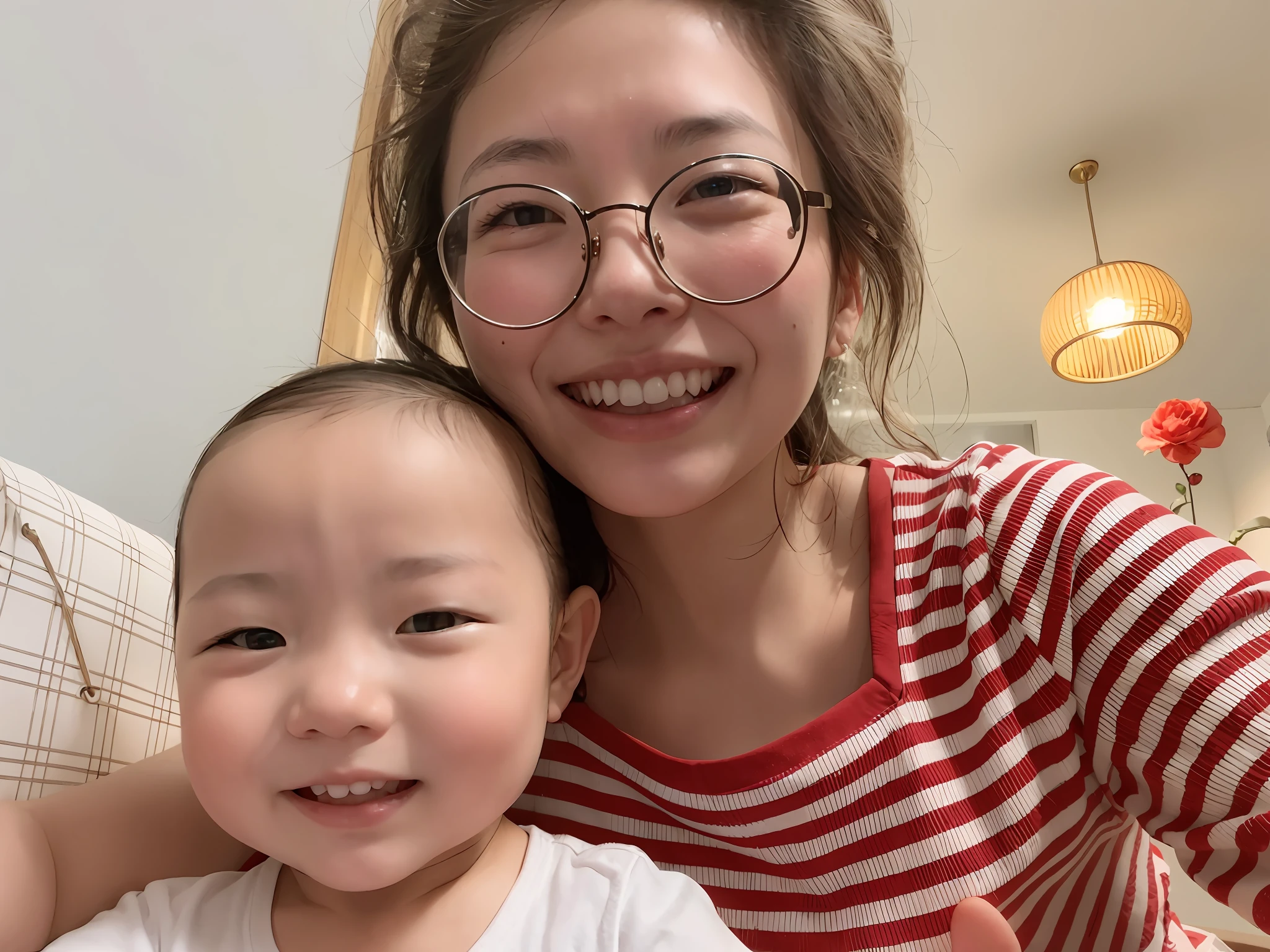 there is a woman and a baby that are smiling together, ruan jia and brom, 8k selfie photograph, louise zhang, 2 9 years old, 2 8 years old, 3 6 years old, very very low quality, 3 2 - year - old, with a kid, 2 7 years old, happily smiling at the camera, jen zee, both smiling for the camera