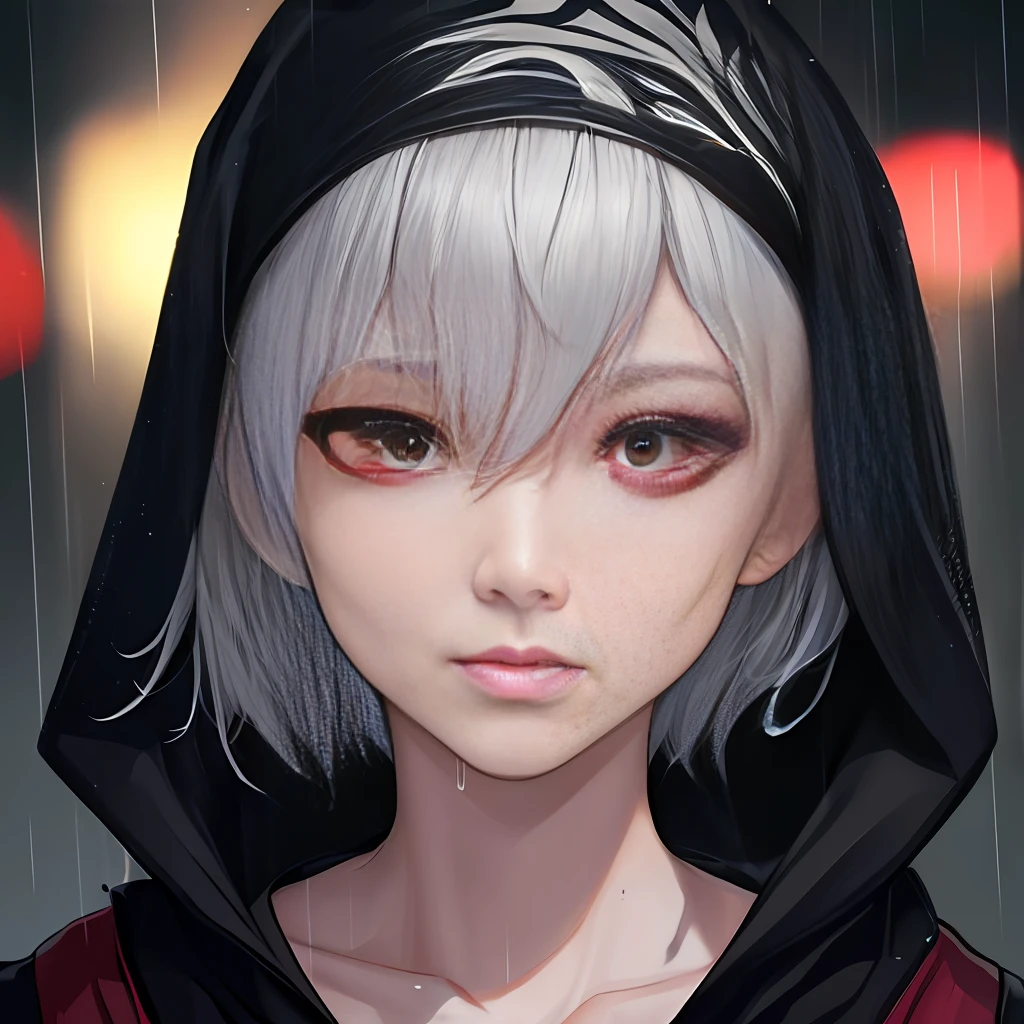 kk, best quality, more details, mastery, 1boy, kaneki ken, portrait, male focus, red eyes, solo, bangs, looking at viewer, hood, short hair, rain, tokyo tokyo (city\), bandana, nail polish, gray hair, luxury, 8k, detail, ray tracing , depth of field, cinema lighting,