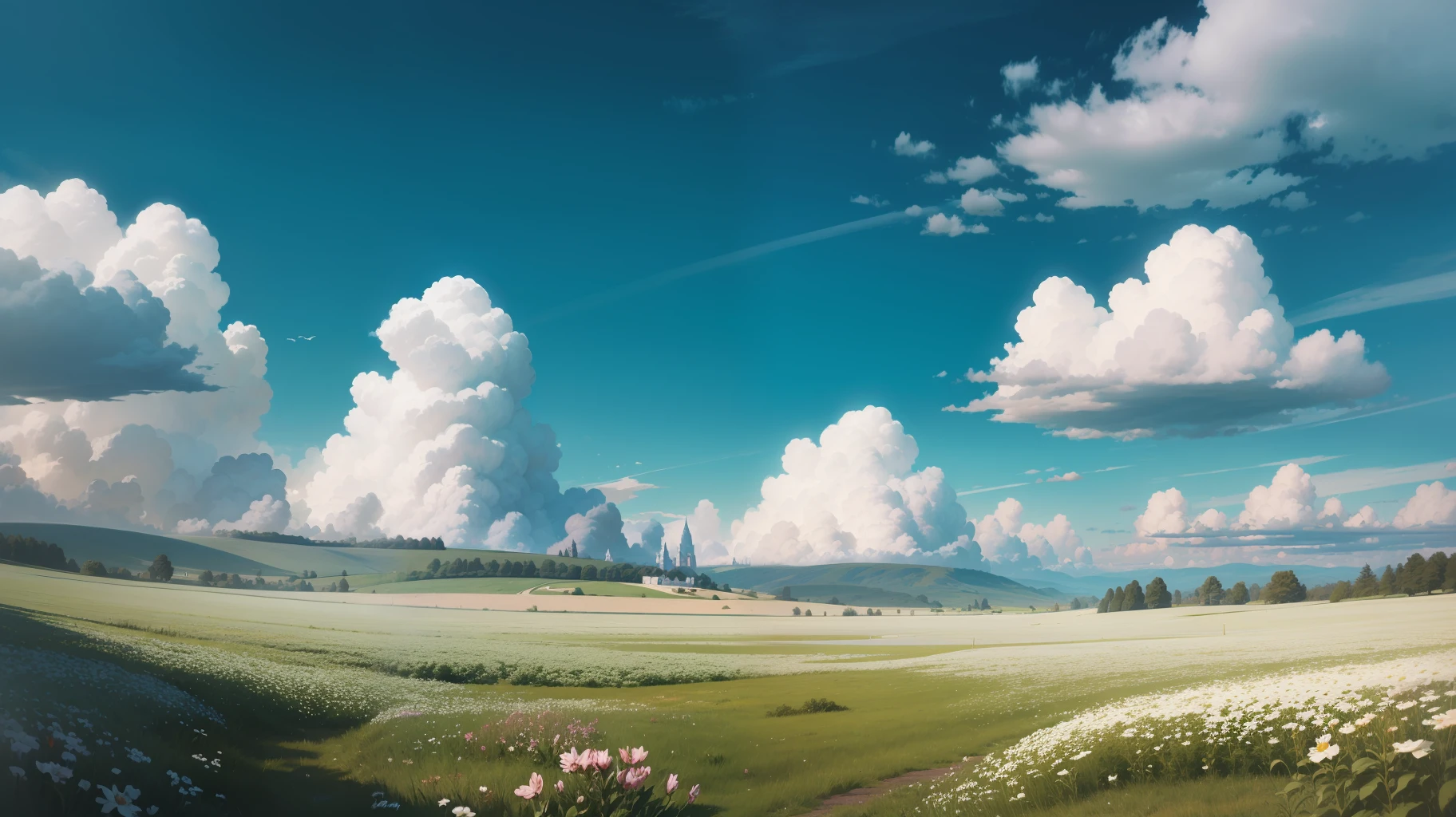 Meadows under blue sky and white clouds