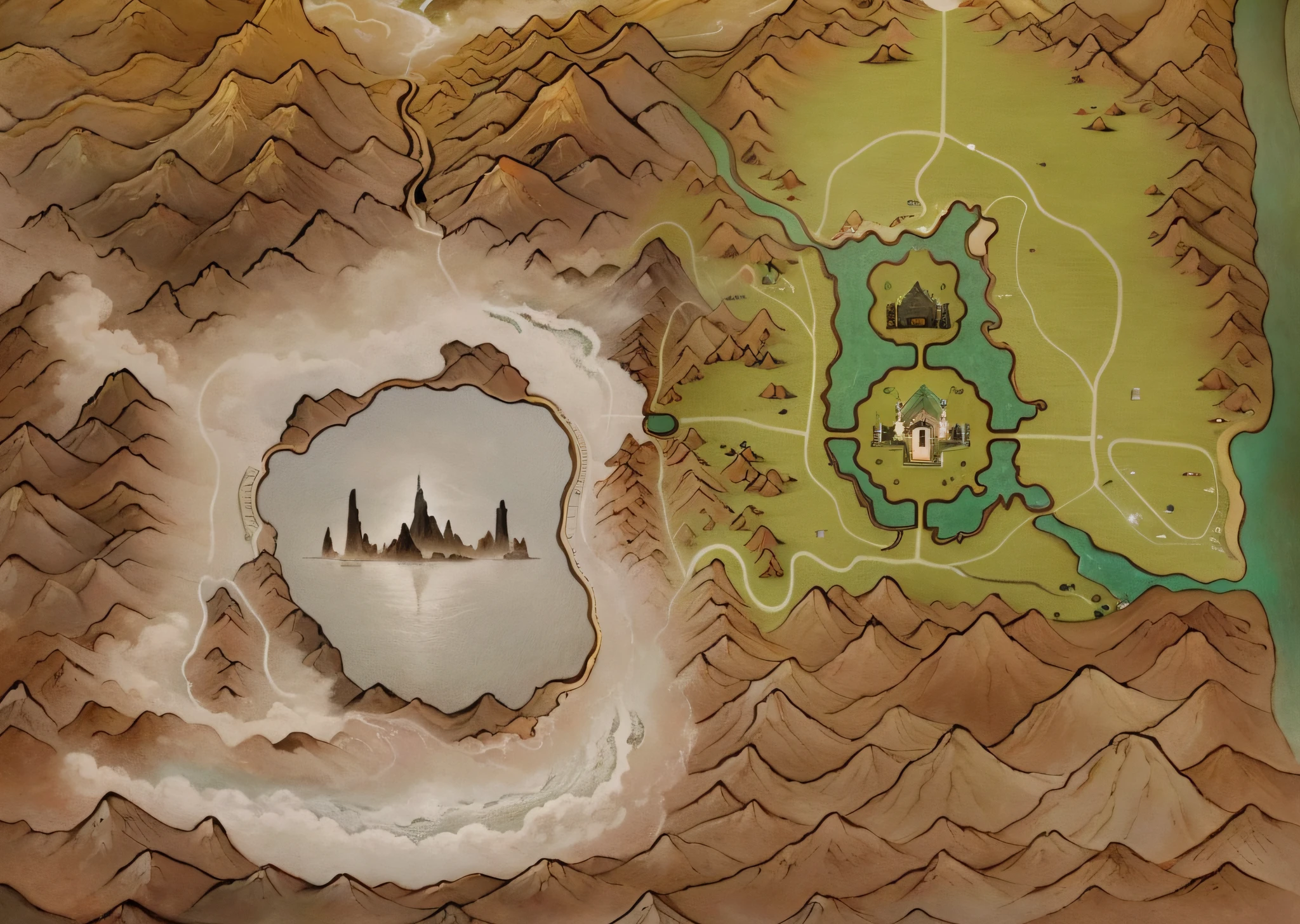 (map), a map of rpg game, detailed, mountains, rivers, auspicious clouds, masterpieces, holding, super detail, epic composition, ultra HD, high quality, extremely detailed, official art, unified 8k wallpaper, Super detail, 32k -- v 6, no sunshine, snowy land and green steppe