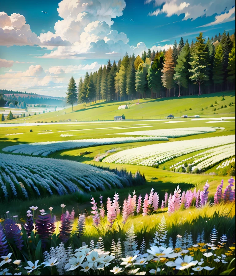Meadows under blue sky and white clouds