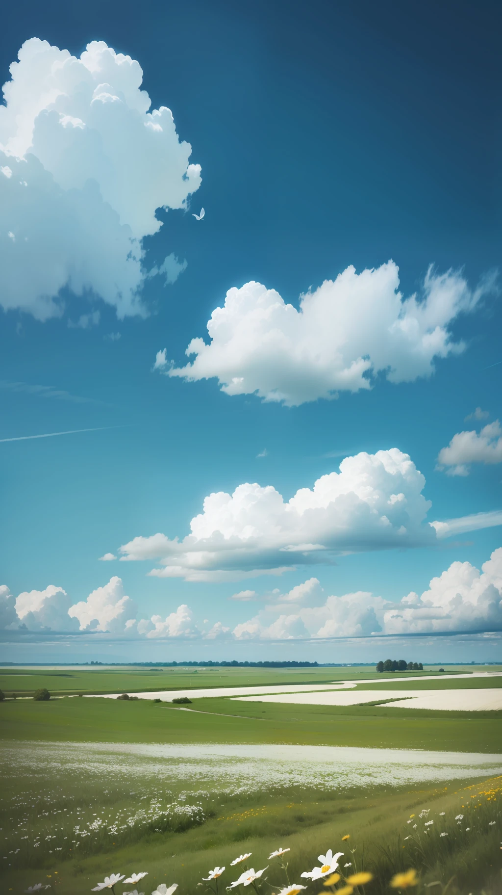 Meadows under blue sky and white clouds