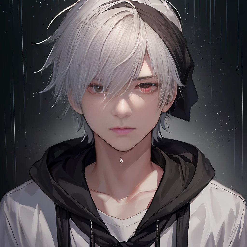 kk, best quality, more details, mastery, 1boy, kaneki ken, portrait, male focus, red eyes, solo, bangs, looking at viewer, hood, short hair, rain, tokyo tokyo (city\), bandana, nail polish, gray hair, luxury, 8k, detail, ray tracing , depth of field, cinema lighting,