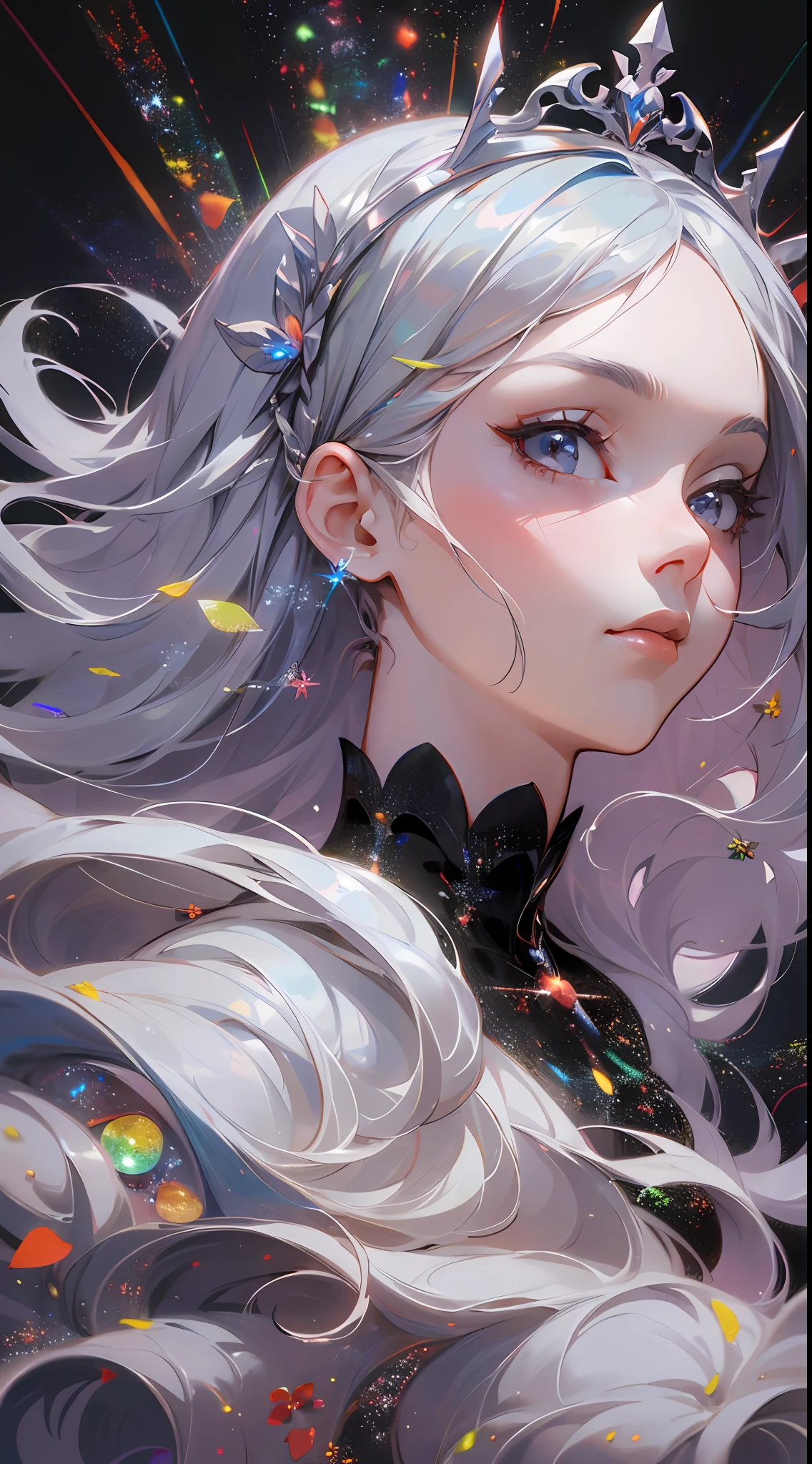 (Abstract Art:1.4), The Masterpiece, beste Quality, ultra-highresolution, 1girls, flower tiara,Nice face,Nice lighting on black background,The character style rendered by Octane,gorgeous sacred girl,Floating hair
