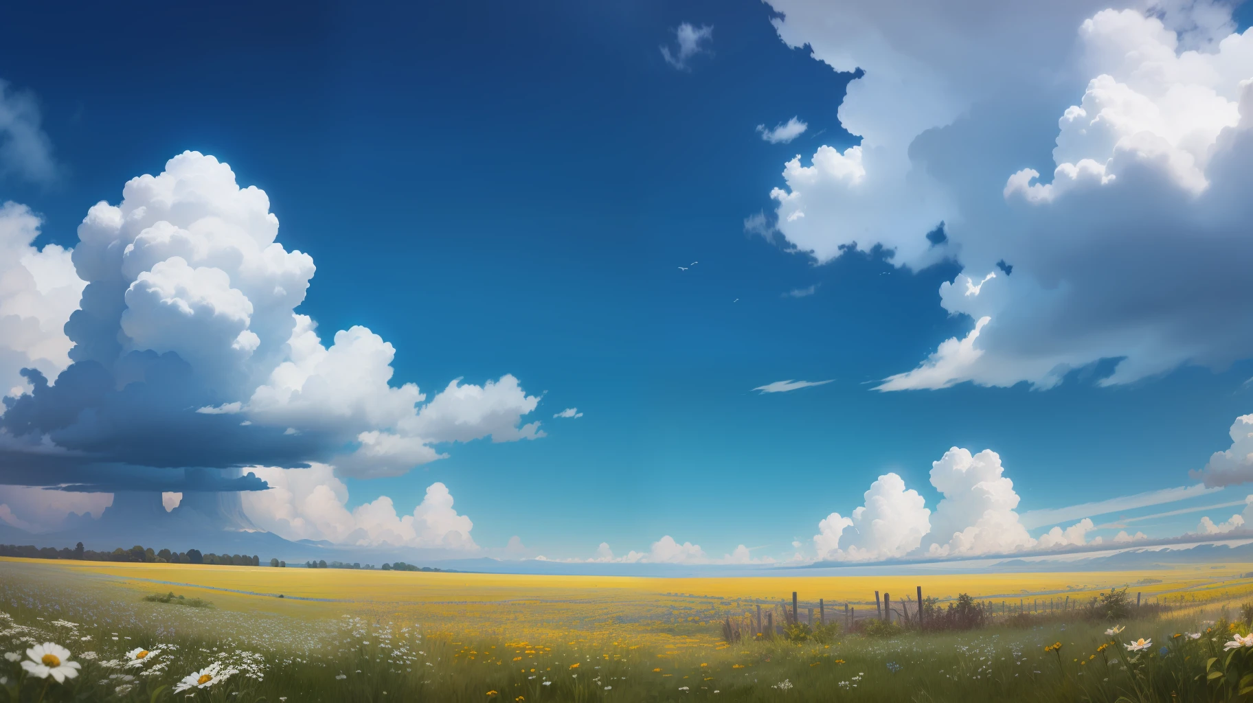 Meadows under blue sky and white clouds
