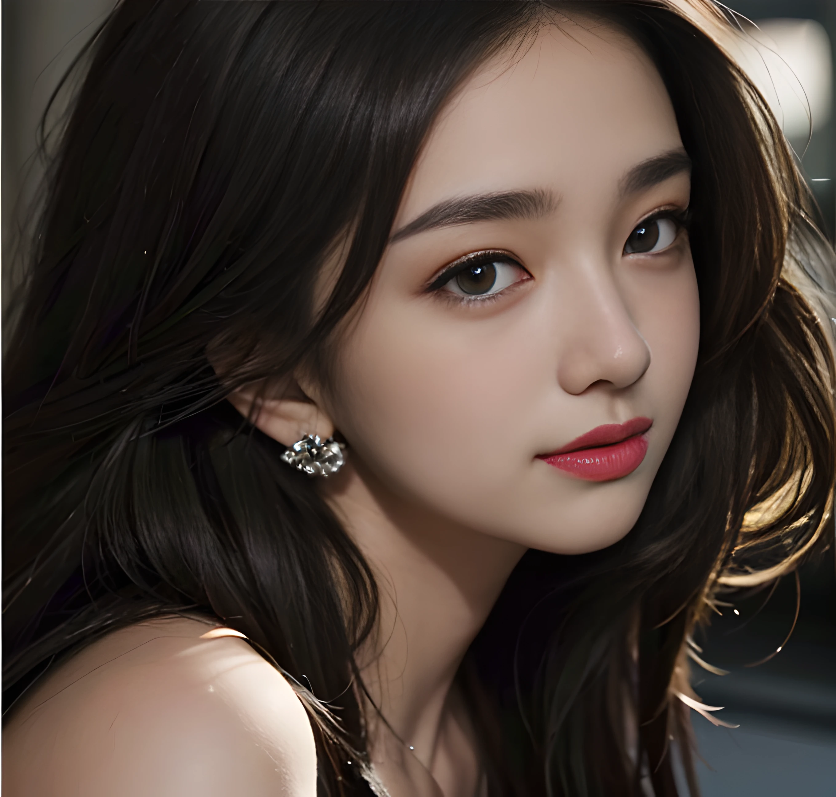 The Masterpiece, Best Picture Quality, high qualit, Beautiful woman, Japanese people, Popular Korean makeup, detailded, Swollen eyes, Detailed eyes, Detailed skin, Beautiful skin, ultra-highresolution, (realistically: 1.4), Very beautiful, Slightly younger face, Beautiful skin, Slim, (ultra realistis), (illutstration), (high - resolution), (8K), (very details) (best illustrations), (Beautiful detailed eyes), (Ultra-detail), (wall paper), (Detailed face), looks at the viewer, finely detailled, Detailed face,pureerosfaceace_V1,smiled,facing straight ahead,facing straight ahead,From the angle of waist up,realistic photograph,Bright lights,Pro lighting,Brunette hair(Some hair is partially green),slong hair,Dark ruins,Big Red Moon,Gorgeous red and black dress,Mature woman,Long fashion bangs,Flowing black hair,brown-eyed,eardrop,gargantilha