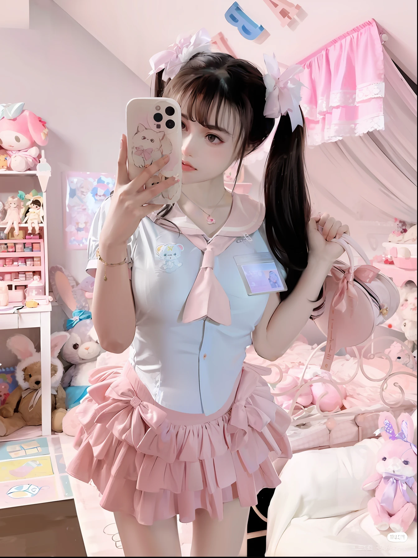 there is a woman that is taking a picture of herself in a room, cute kawaii girl, kawaii style, kawaii aesthetic, japanese girl school uniform, magical school student uniform, anime girl cosplay, style of magical girl, kawaii shirt and jeans, belle delphine, frilly outfit, cutecore, sakimichan, anime girl in real life, magic school uniform,girl, girl, see nipple