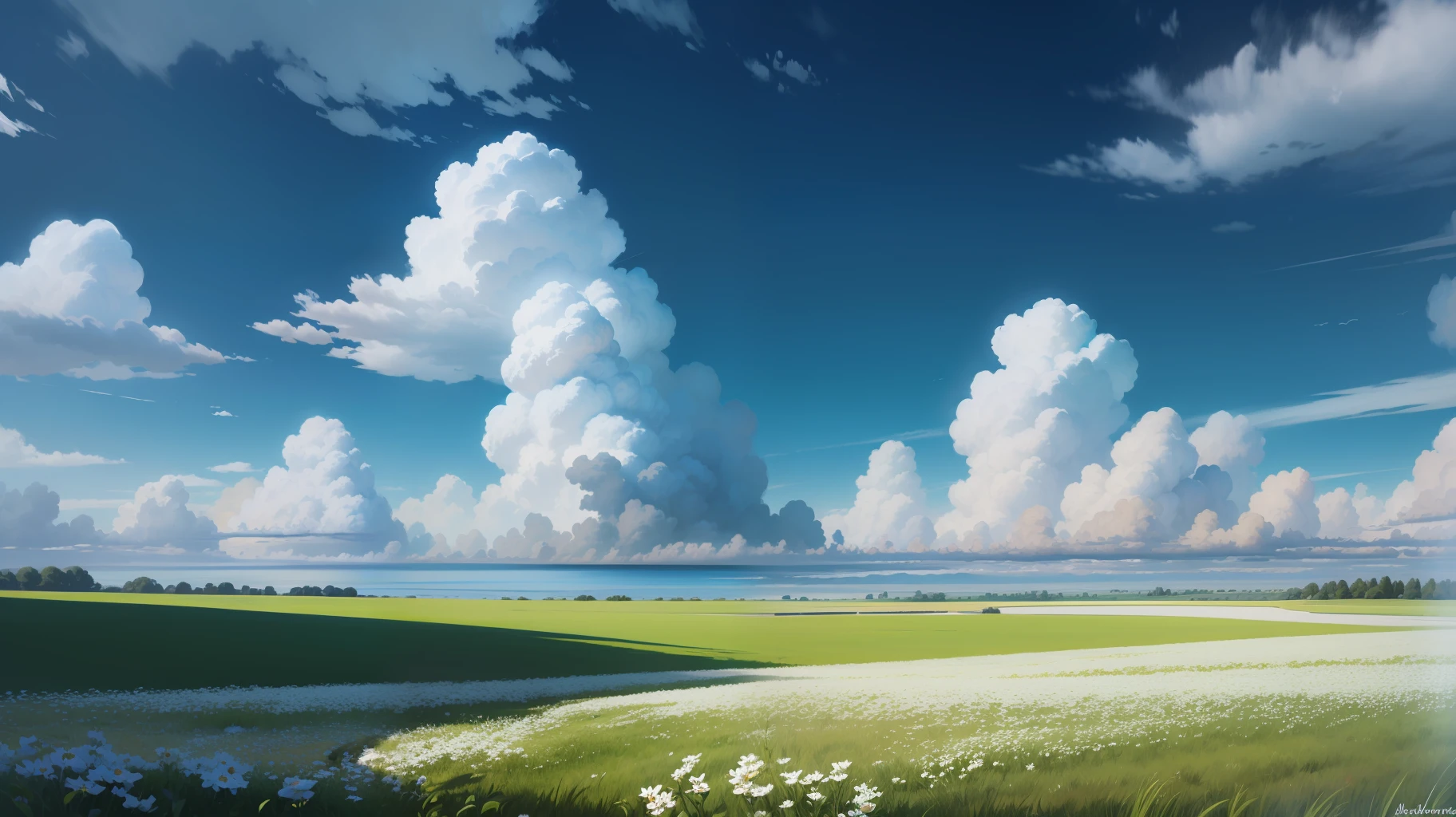 Meadows under blue sky and white clouds