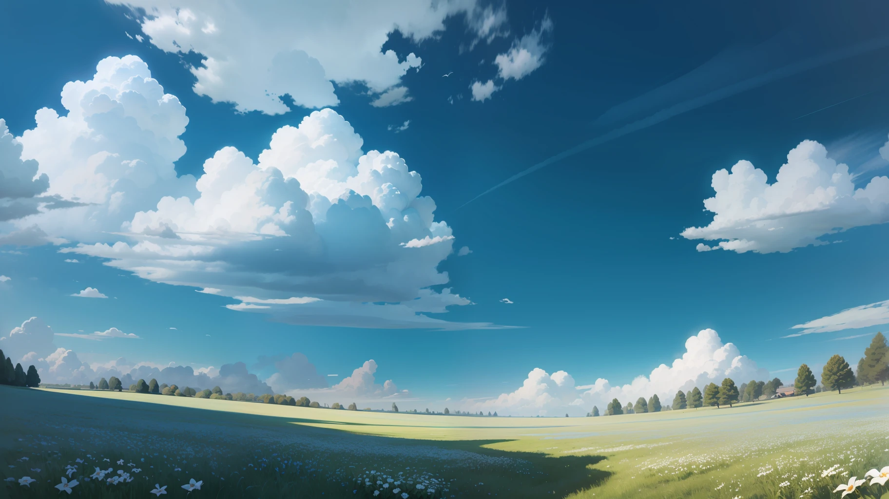 Meadows under blue sky and white clouds