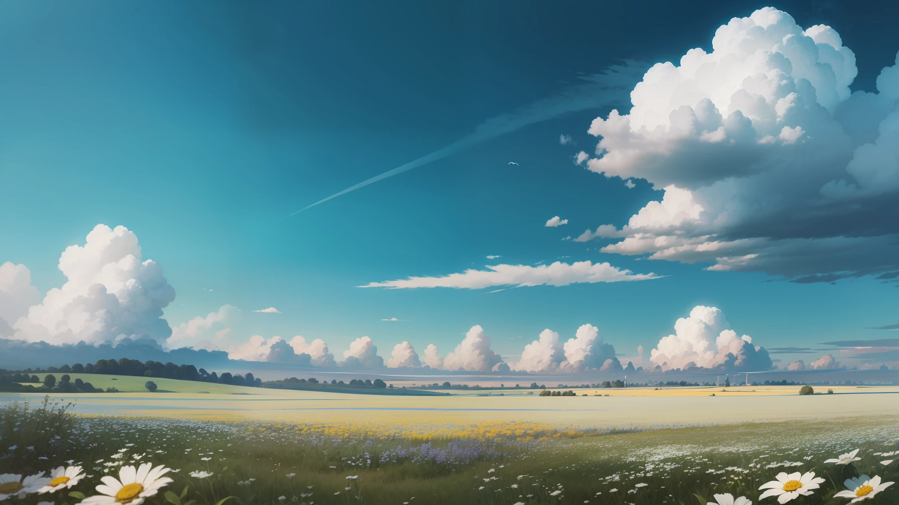 Meadows under blue sky and white clouds