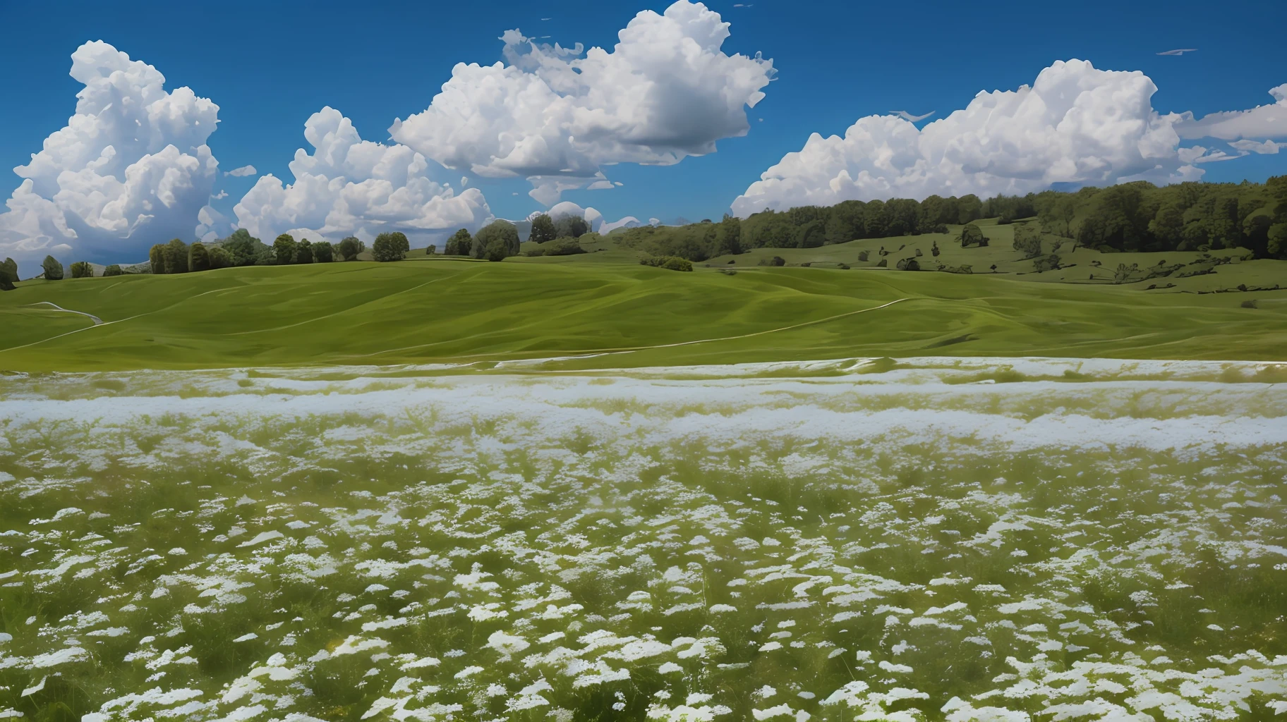 Meadows under blue sky and white clouds