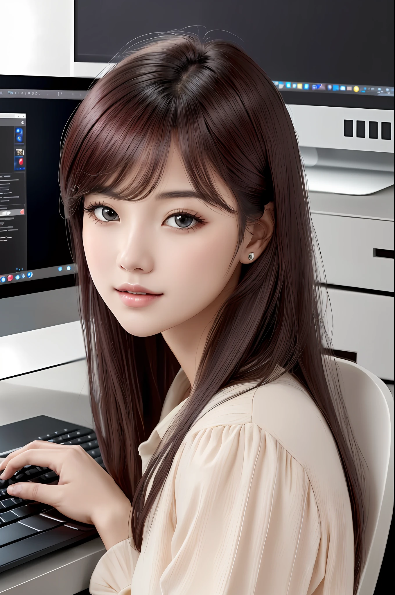 Absurdres, 1girls, star eye, blush, (Realistic:1.5), (master-piece, Extremely detail CG unity 8k wallpaper, maximum quality, high-res:1.2), (ultra_detailed, UHD:1.2), (pixiv:1.3), Perfect Illumination, Distinct, (Babe:1.2), viewer, Unreal Engine, Sidelighting, perfect face, Detailed face, Beautiful eyes, pretty face, (light skin:1.3), idol, ulzzang-6500-v1.1, A gentle smile, (Black redhead), (Simple Background), ((Dark background)), (depth of field), I'm working at a desk with a laptop. desk, monitor, keyboard, notebook.