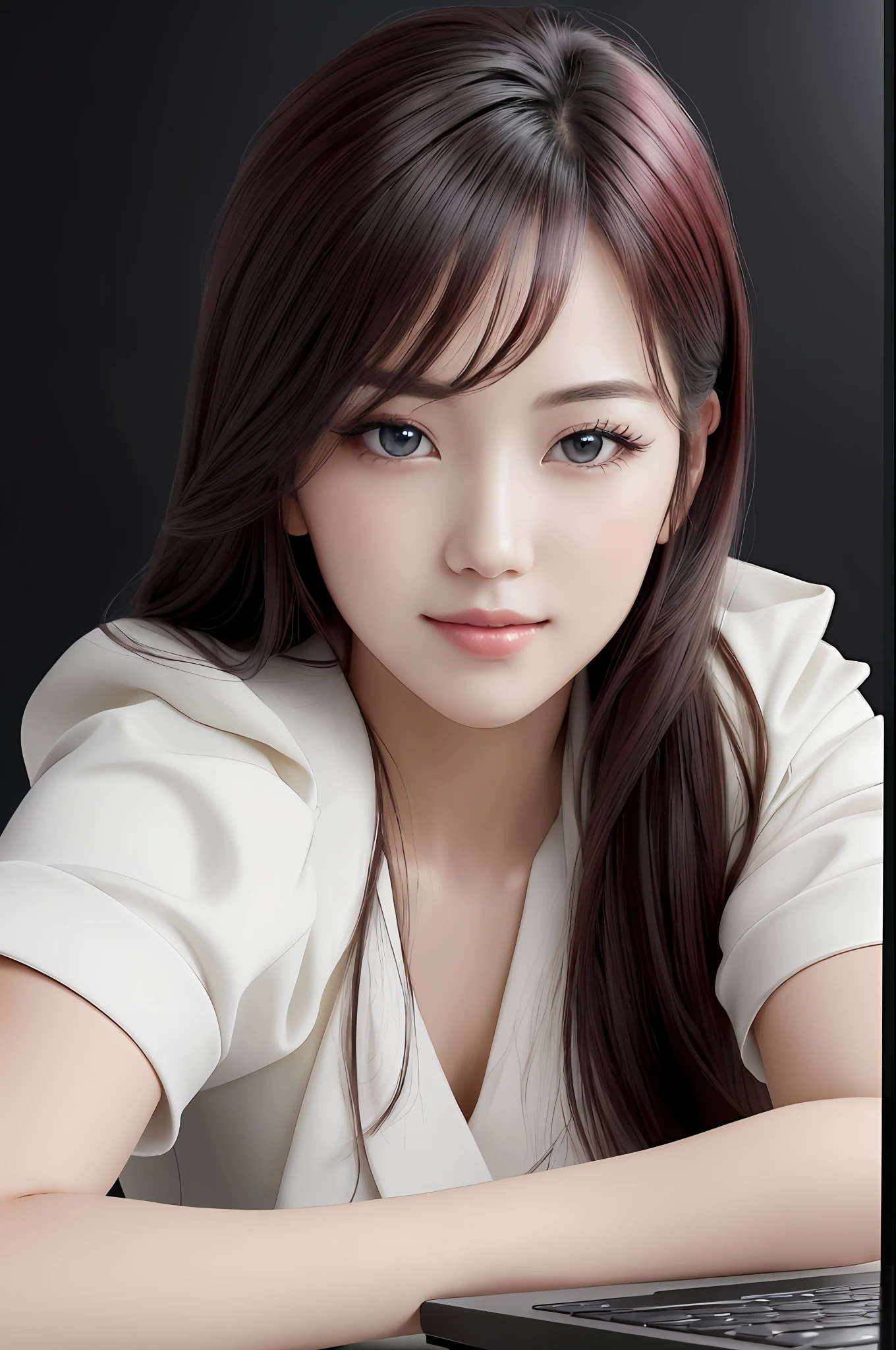 Absurdres, 1girls, star eye, blush, (Realistic:1.5), (master-piece, Extremely detail CG unity 8k wallpaper, maximum quality, high-res:1.2), (ultra_detailed, UHD:1.2), (pixiv:1.3), Perfect Illumination, Distinct, (Babe:1.2), viewer, Unreal Engine, Sidelighting, perfect face, Detailed face, Beautiful eyes, pretty face, (light skin:1.3), idol,  ulzzang-6500-v1.1, A gentle smile, (Black redhead), (Simple Background), ((Dark background)), (depth of field), I'm working at a desk with a laptop. desk, monitor, keyboard, notebook.