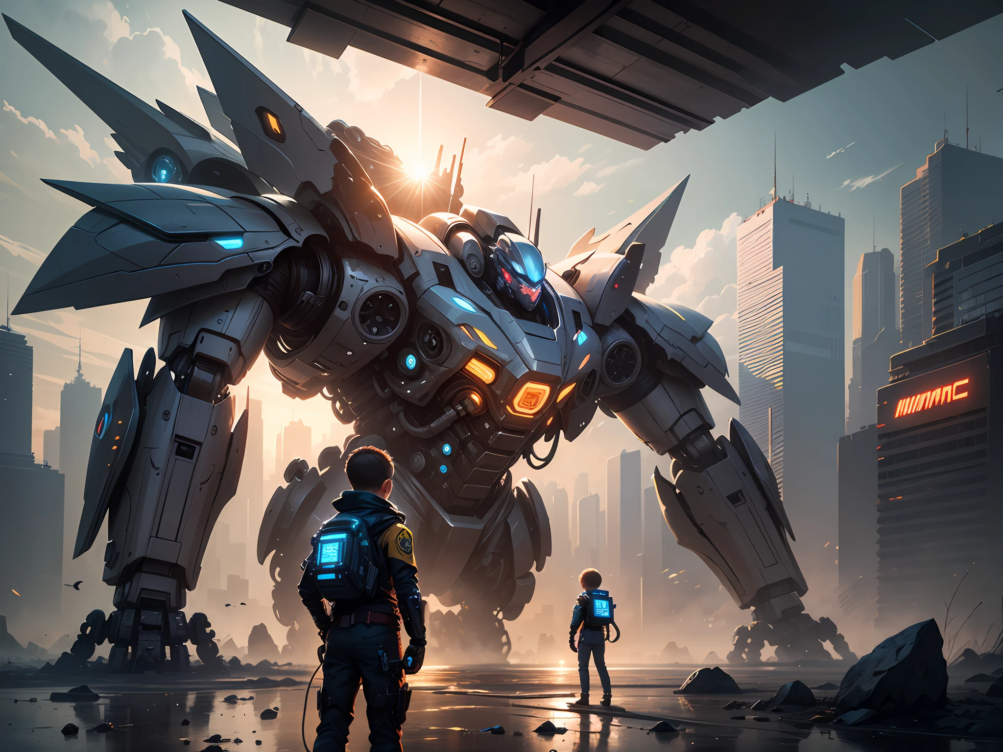 (child) playing with a mecha toy, futuristic landscape, city of the future, 8K UHD, great lighting, Artgerm, WLOP, digital illustration, scenic, detailed, masterpiece, computer graphics