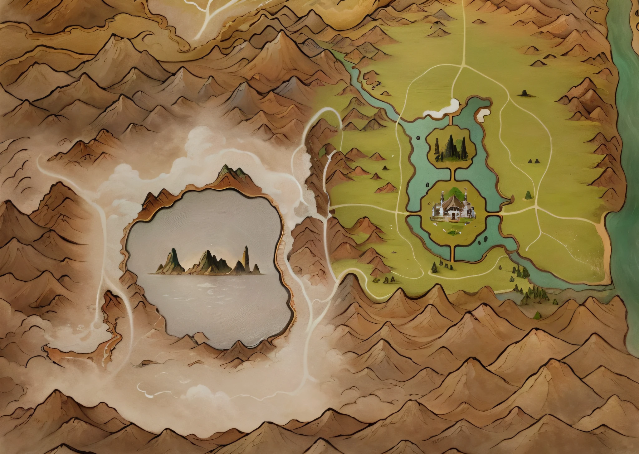 (map), a map of rpg game, detailed, mountains, rivers, auspicious clouds, masterpieces, holding, super detail, epic composition, ultra HD, high quality, extremely detailed, official art, unified 8k wallpaper, Super detail, 32k -- v 6, no sunshine, snowy land and green steppe