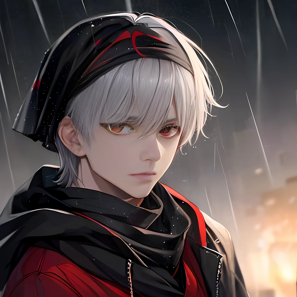 kk, best quality, more details, mastery, 1boy, kaneki ken, portrait, male focus, red eyes, solo, bangs, looking at viewer, hood, short hair, rain, tokyo tokyo (city\), bandana, nail polish, gray hair, luxury, 8k, detail, ray tracing , depth of field, cinema lighting,