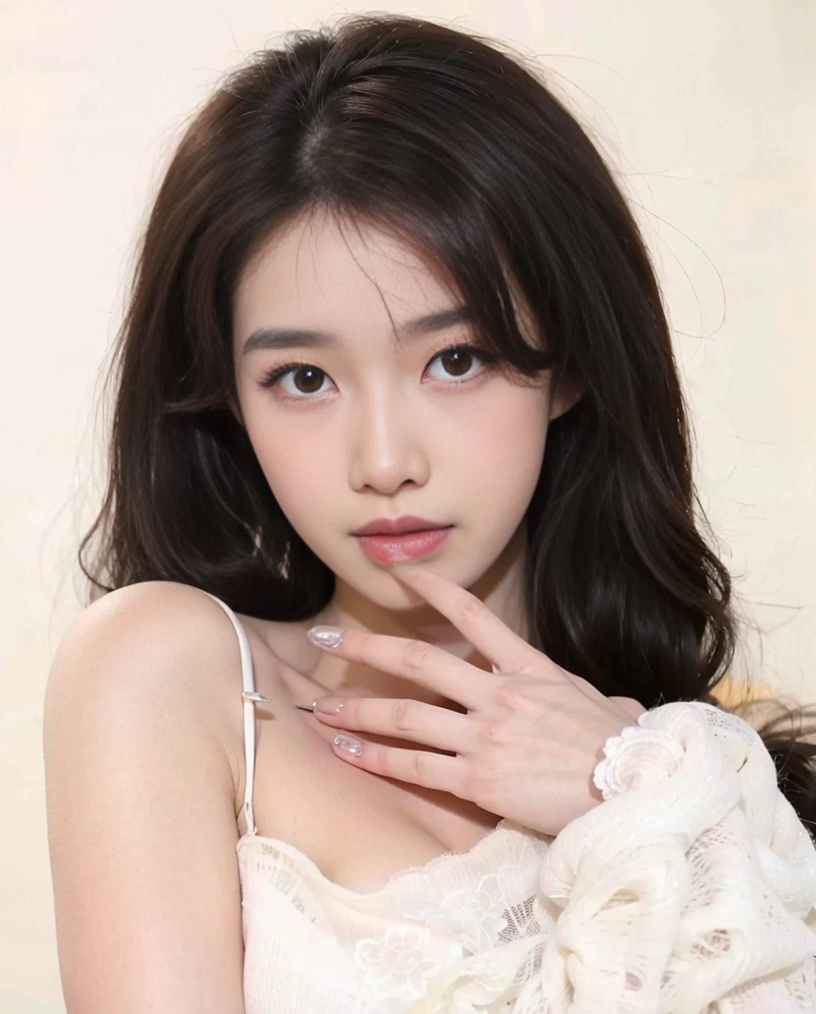 best qulity，Super realistic，a close up of a woman with long black hair and a white dress, gorgeous korean young woman, Beautiful young Korean woman, popular korean makeup, Popular Korean makeup, Beautiful Korean Woman, Urzan, Jin Young Shin, Korean girls, pale milky white porcelain skin, Clear lips and high quality, pale snow white skin, milky white skin, xintong chen，Super meticulous hands