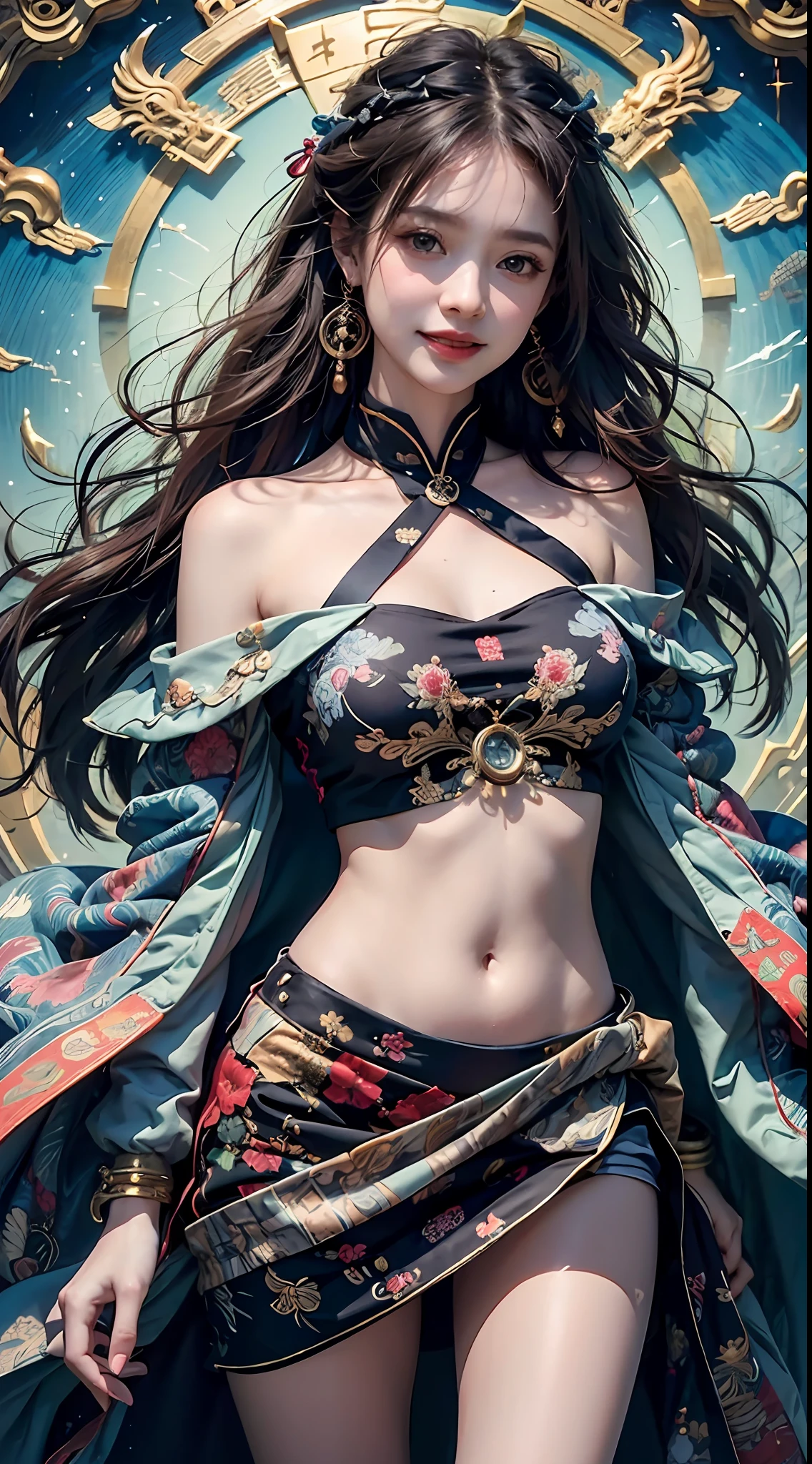 Official Art, Unified 8K Wallpapers, Ultra Detailed, Beautiful and Aesthetic, Masterpiece, Best Quality, (Zentangle, Tangle, Entangle), (fractal art: 1.4), 1girl, black hair, Chinese, bare shoulders, short skirt, calf, navel, very detailed, dynamic angle, cowboyshot, (most beautiful form chaos), flowing, (bright colors), oc, (half: 1.2), china, (thangka flying sky: 1.5), (ribbon: 1.3), (dream: 1.5), (hanfu: 1.5), Chinese dragon, Chinese phoenix, (smile: 0.5), (Chinese deity),