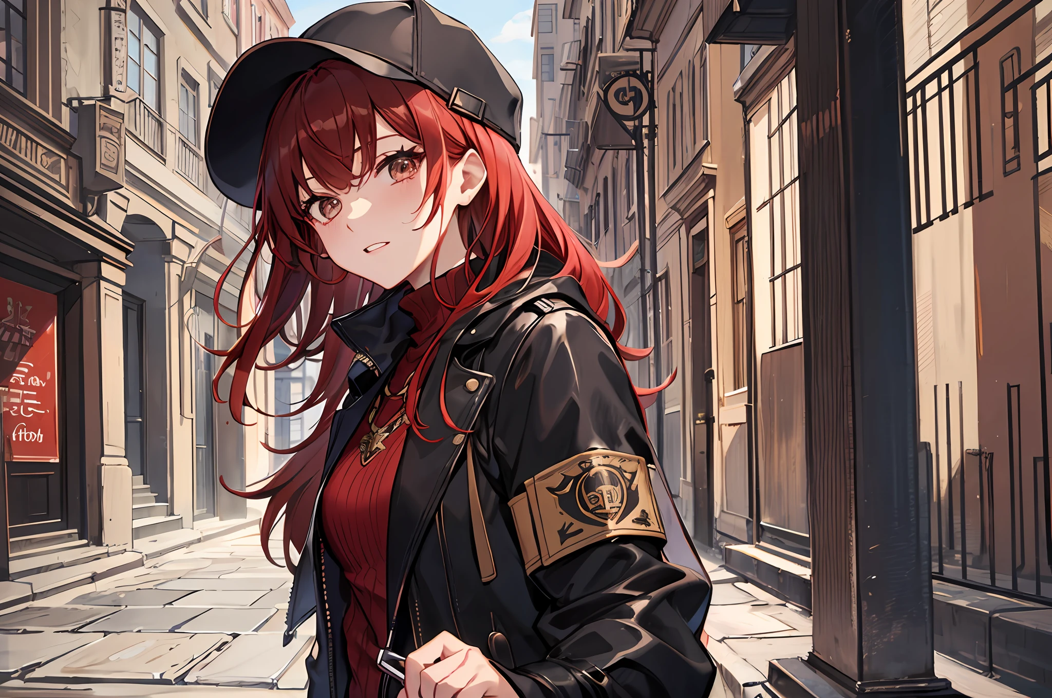 Black brown cannabis coat,Tomboyish,shorter hair,{{{red tinted hair}}},1girls,Ancient Rome,block,Long leather boots,Black hood,{{{shorter hair}}},Messy hairstyle,{{{burlap}}},Dynamic composition,Maximum quality,rich color,ultra-details,best shadow
