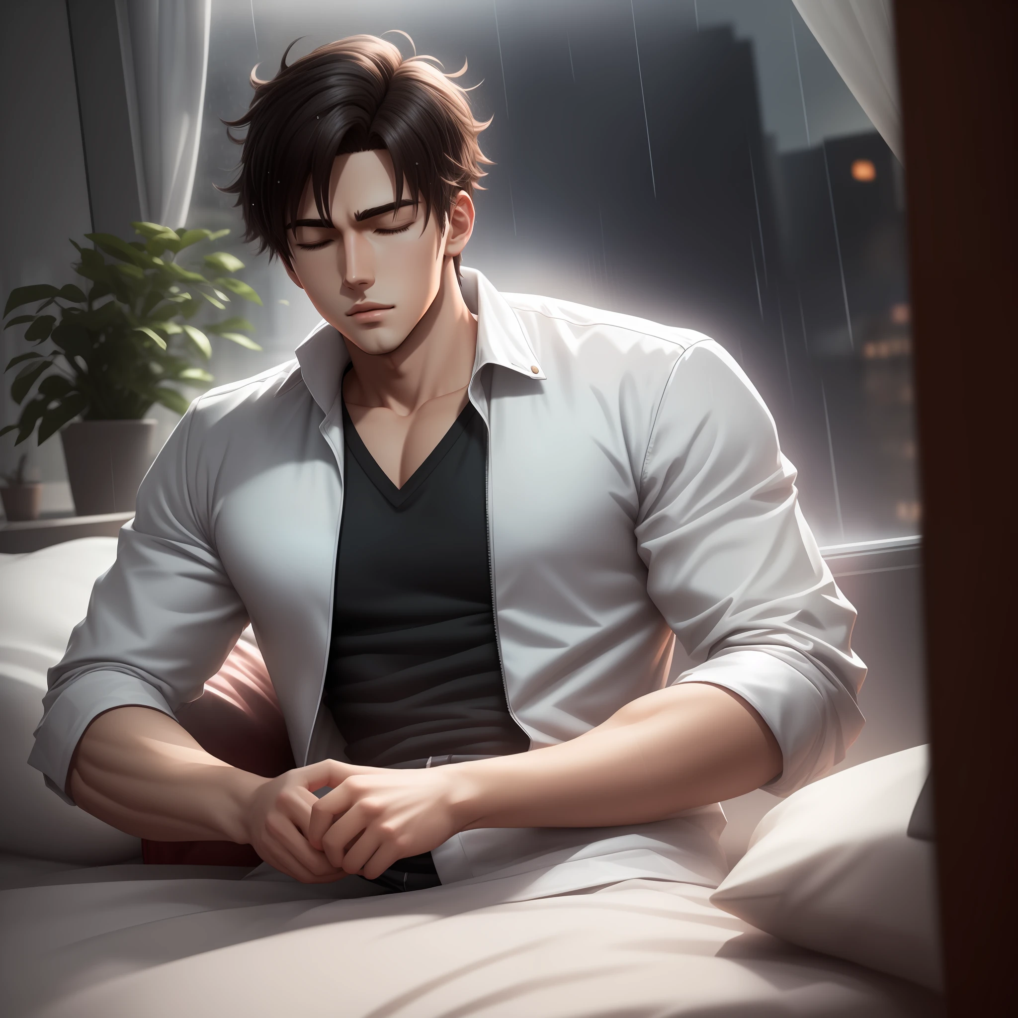 3D,Animation quality，anime handsome man，Matte animation，Dimly lit sky，Heavy rain outside the window，Young handsome guy sleeping in bed