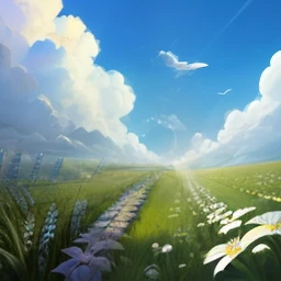 Meadows under blue sky and white clouds