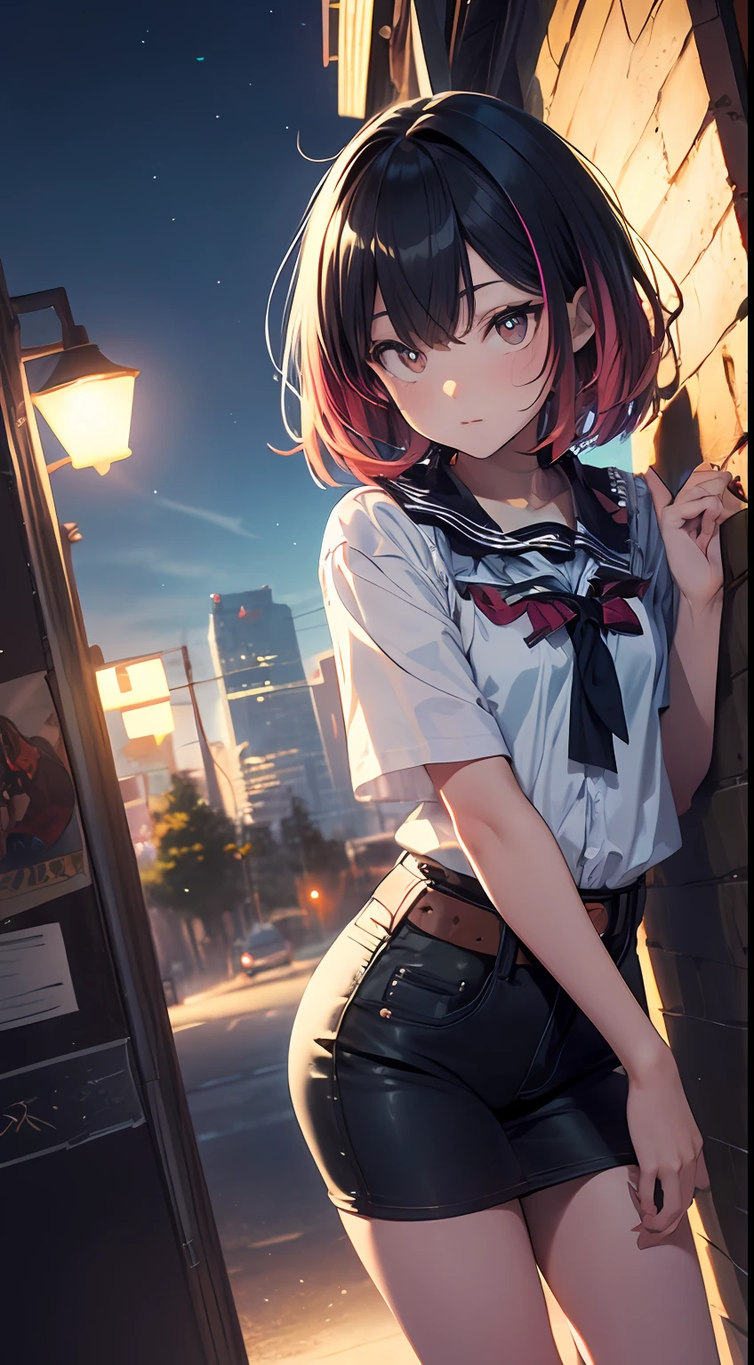 NY, (gradient hair, dutch angle:1.3), film grain, chromatic aberration, city, masterpiece, best quality, raw photo, photorealistic, absurdres, 1girl, cute, perspective, cowboy shot, highres, ultra detailed, detailed eyes and face, sharp pupils, realistic pupils, sharp focus, summer, night,