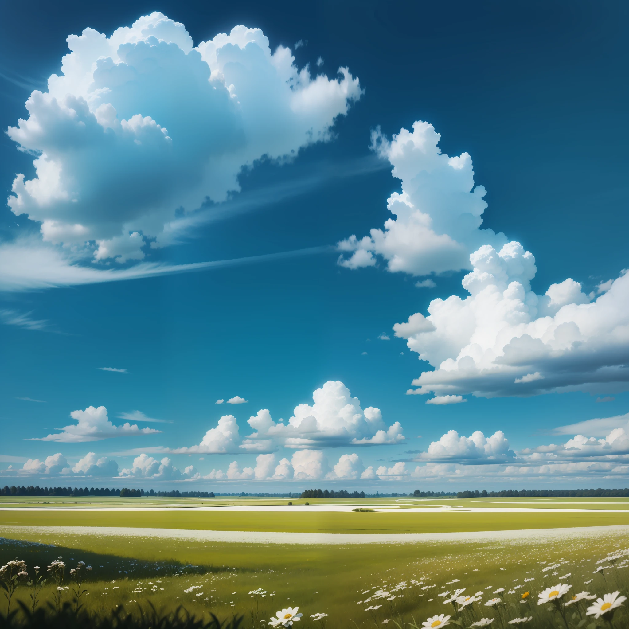 Meadows under blue sky and white clouds