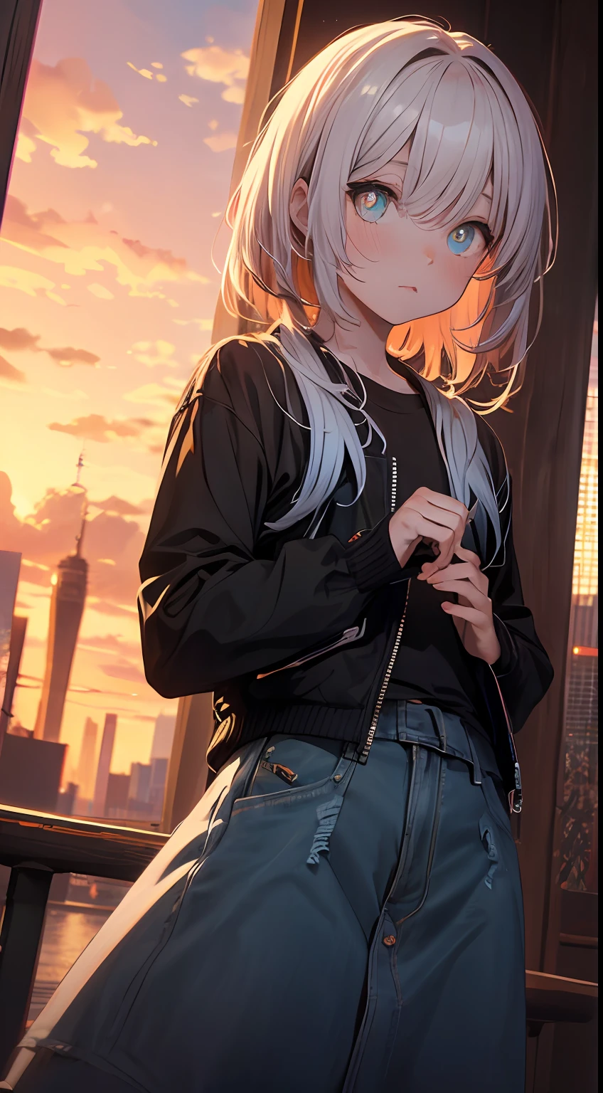 NY, (gradient hair, dutch angle:1.3), film grain, chromatic aberration, city, masterpiece, best quality, raw photo, photorealistic, absurdres, 1girl, cute, perspective, cowboy shot, highres, ultra detailed, detailed eyes and face, sharp pupils, realistic pupils, sharp focus, summer, night,