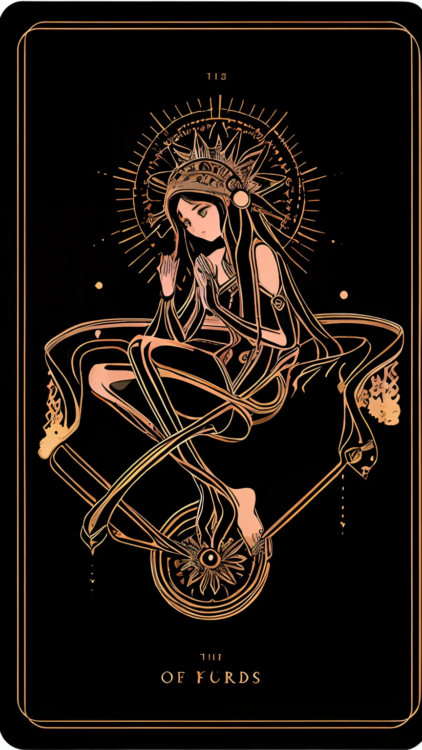 A black and gold tarot card，A woman sits on wheels, tarot design, tarot card art, high-detail + tarot cards, art nouveau tarot style, art deco shaman, tarot card art, tarot design, Maiden Priestess Tarot cards, tarot card goddess of death, symmetrical tarot illustration, Tarot card style, Girl Tarot cards, Tarot Maiden，The girl prayed with her hands together，looks at the viewer