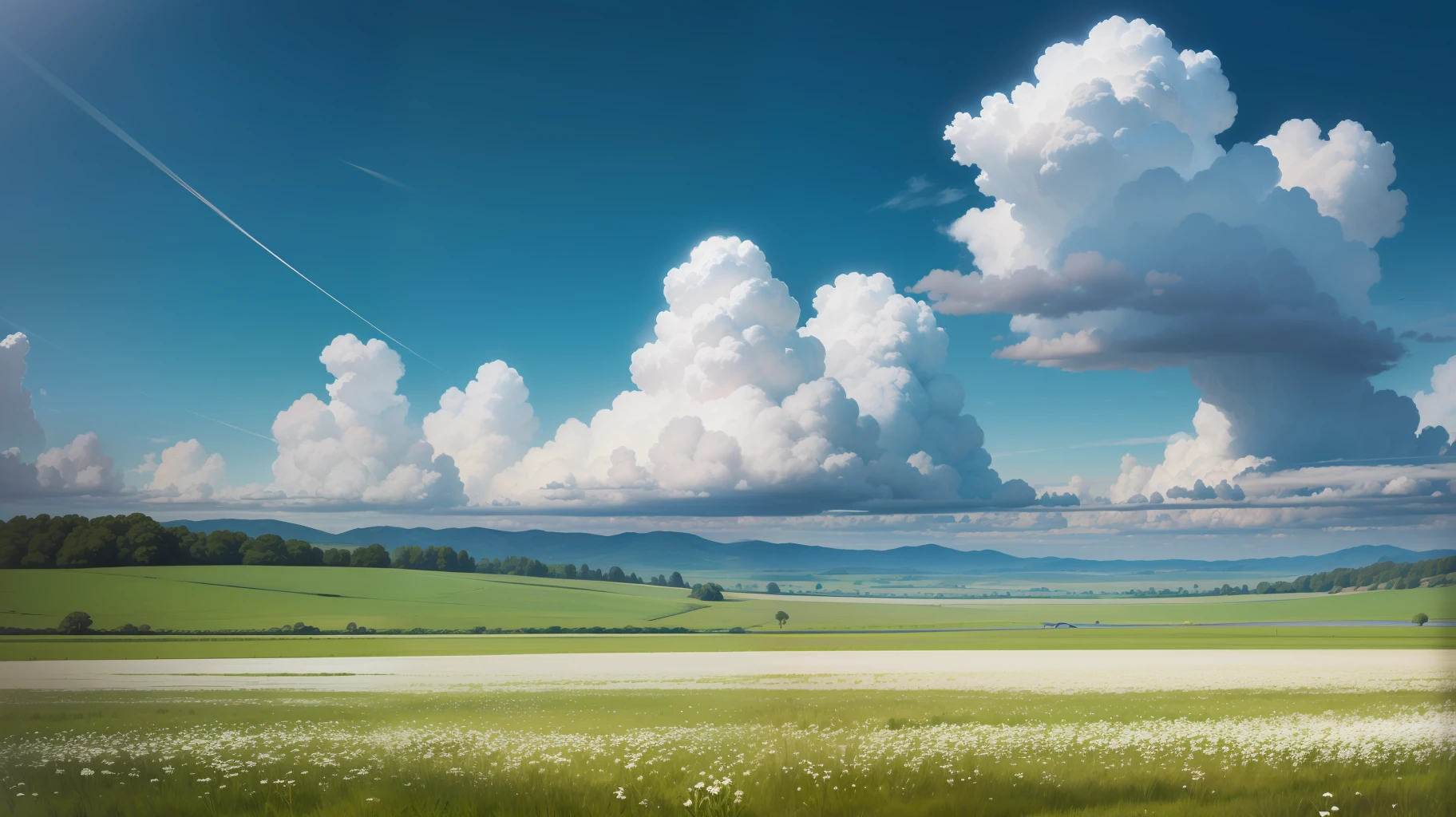 Meadows under blue sky and white clouds
