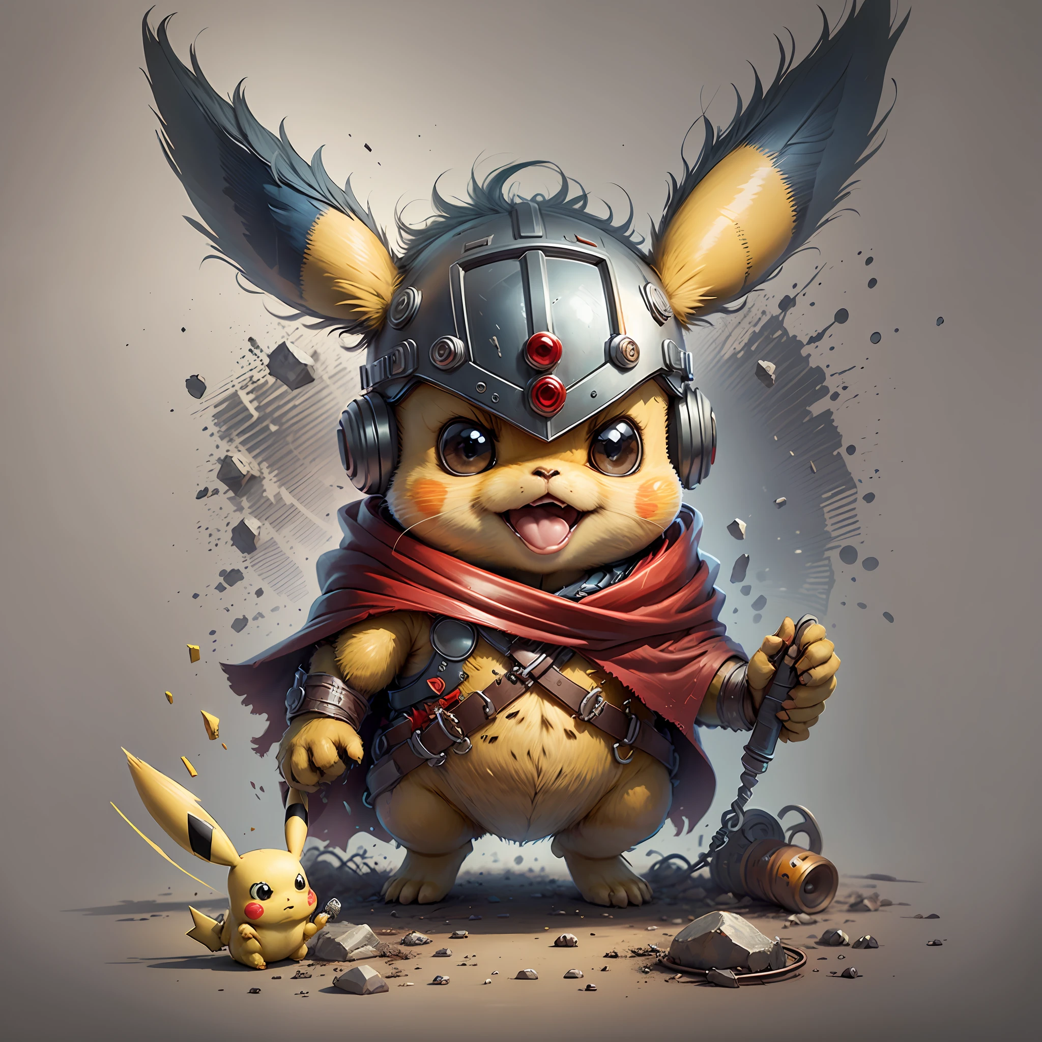 Start with a basic sketch of Pikachu, with a Thor hammer in one hand and wearing a red cape with gold accents.
Add some Thor features such as a helmet with wings and boots with metal details to add a more authentic touch to the character.
To give Pikachu a fluffy touch, overdo the dimensions of his head and ears and add rosy cheeks.
Use vibrant, cheerful colors to bring your drawing to life, with shadows and highlights that create depth and texture.
Add a suitable background to the drawing, such as a scenario that shows Pikachu in action or a simple background that doesn't distract the character's attention.
To finish, add some clean and crisp lines that highlight the characteristics of the character and add a more "cartoon" touch to the drawing. --auto --s2