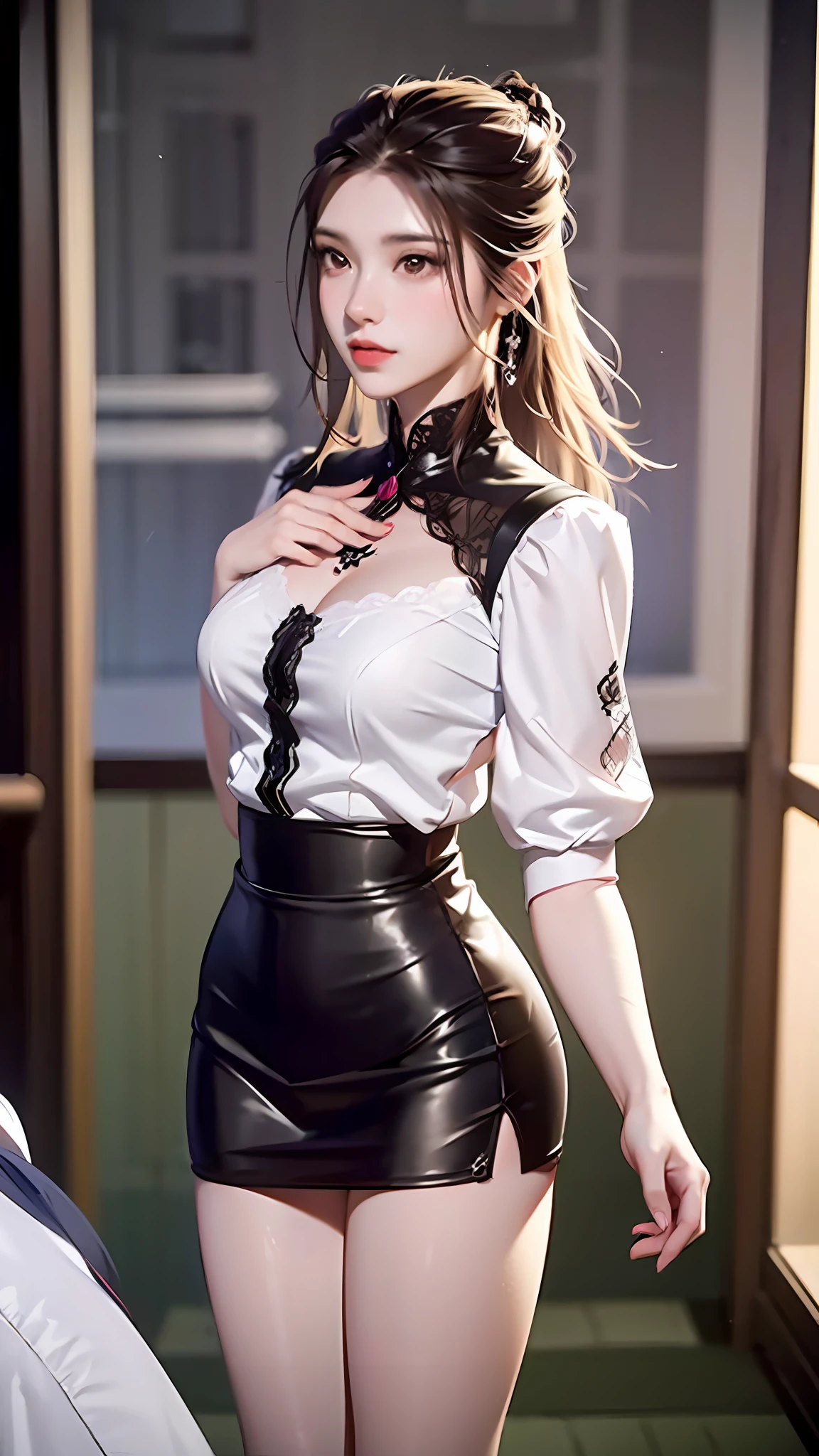 （（dark light，Top best Quality，8k，The Masterpiece：1.3）），（focus：1.2），（In China，Casual theme，inside room：1.5），（Beauty with slender abs：1.4），（（layered hairstyle）），（white blouse：1.6），（Short white lace skirt：1.3）， highly detailed face and skin textures， whitened skin， （full - body：1.4），white clothing，Latex miniskirt