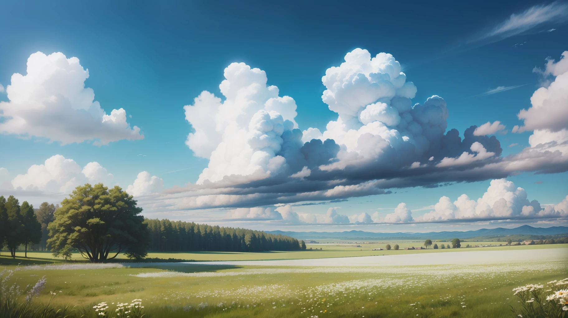 Meadows under blue sky and white clouds