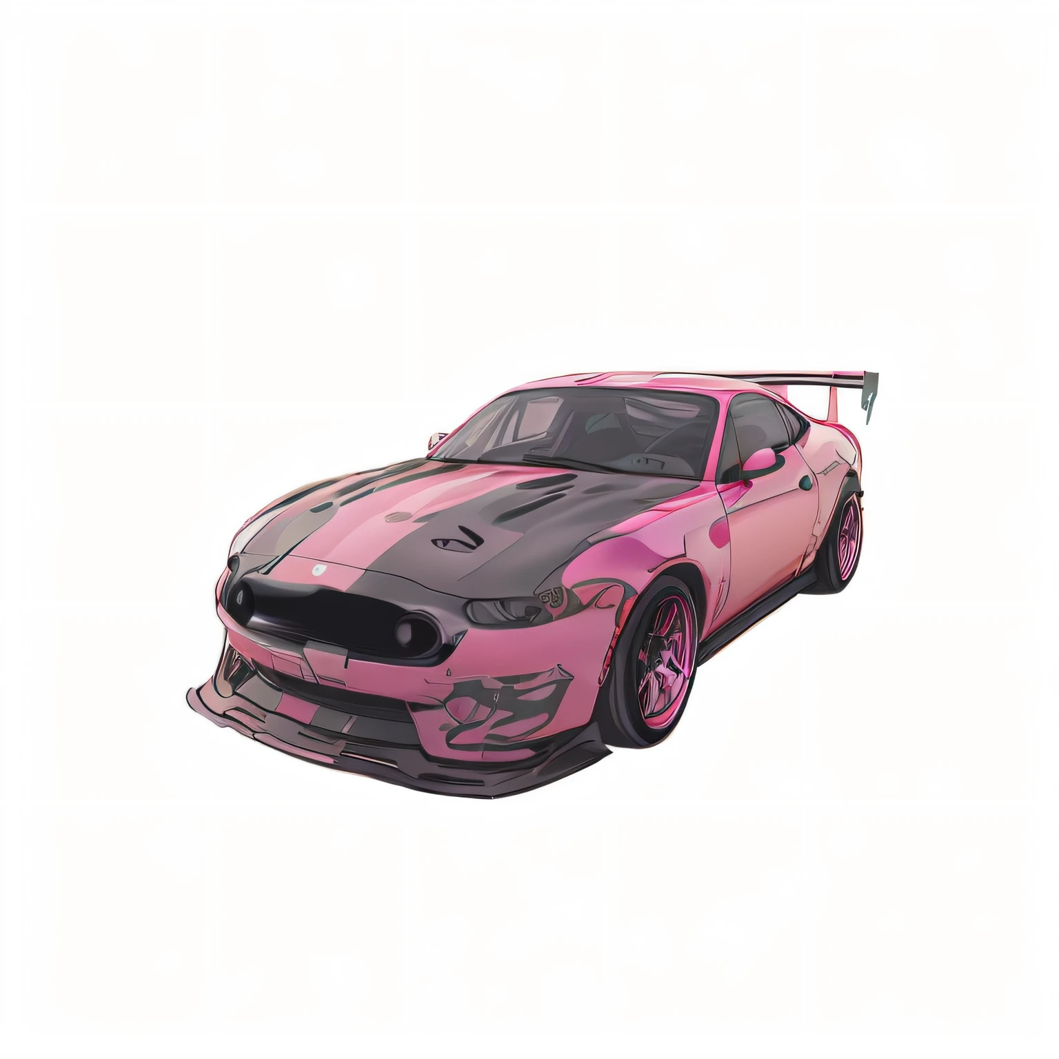 There is a pink car，It has black stripes on it, sportcar, racecar, cel-shading style, full view of a sport car, art deco outrun anime aesthestic, Detailed 2D illustration, anime car wrap,  outrun art style, vehicle illustration