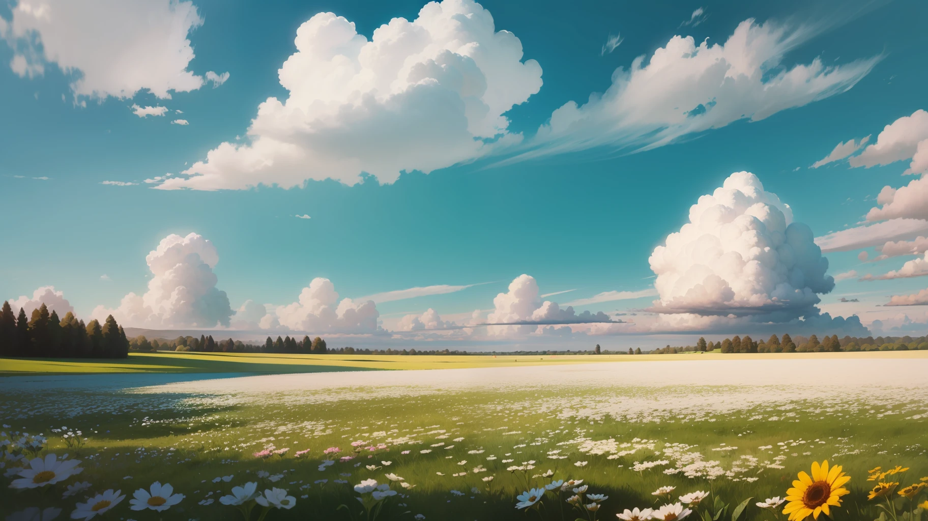 Meadows under blue sky and white clouds