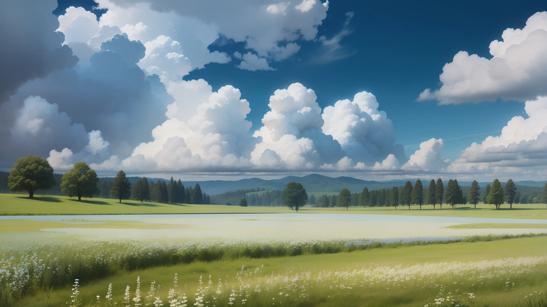 Meadows under blue sky and white clouds