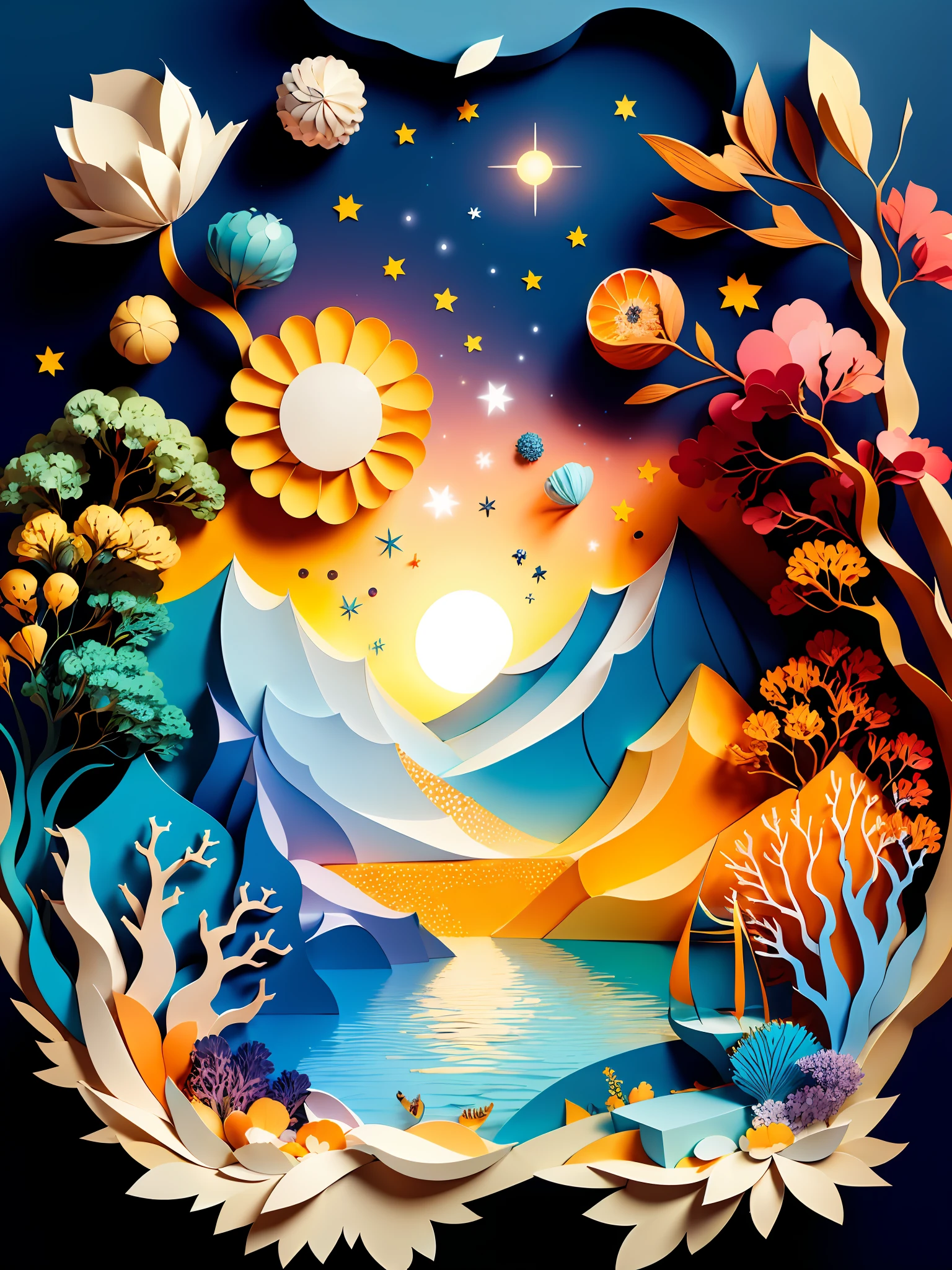 A paper cut of a landscape with a lake and trees - SeaArt AI