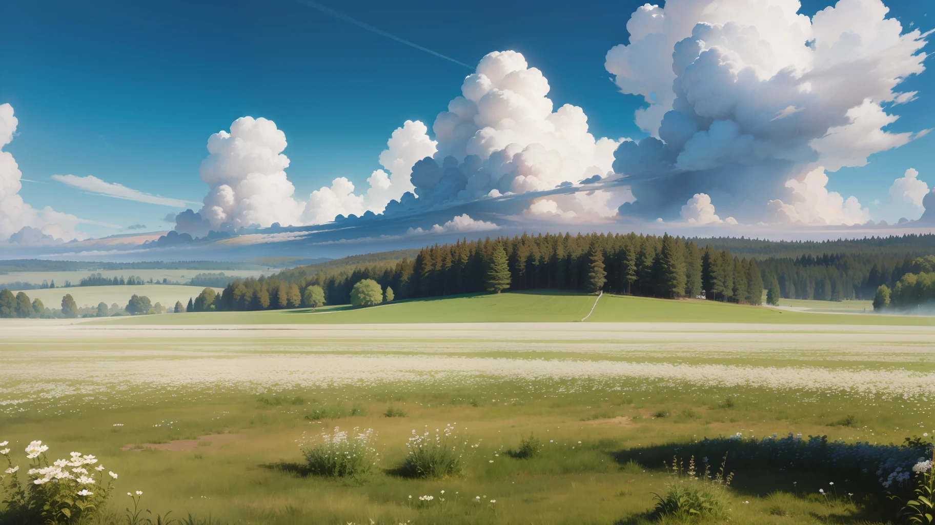 Meadows under blue sky and white clouds