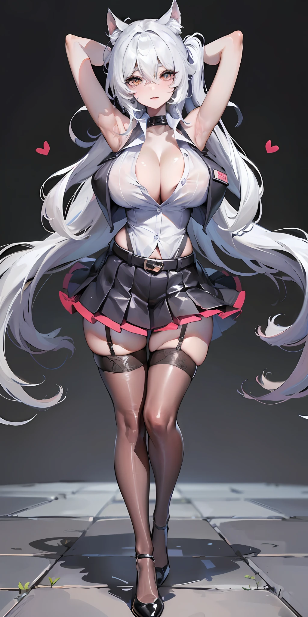 (Full body:1.2),(arms behind head:1.5),(opened legs:1.2),Cinematic lighting,look viewer,(Shiny skin:1.2),Shiny pantyhose,Beautiful face, Highly detailed,officlal art, Extremely detailed CG unity 8k wallpaper,Best quality,((Masterpiece)),(Detailed eyes1.2),absurdities, incrediblyabsurdres, hugefilesize,Ultra-detailed, Extremely detailed, Beautiful detailed girl, Beautiful detailed eyes,1 girl,(独奏:1.1),kawaii,only_shoulders,(White shirt:1.5),(Ultra short pleated skirt:1.2),((tight garter_leather belts)),(black legwear:1.2),heart in eye,Long hair,(White hair:1.2),Striped hair,Confusion_the hair,(Huge:1.2) breasts,the hair_Bow,Collar,Thick coating,The Face of the Anime Goddess,proud,Tight thighs,between breasts,breasts apart,(Stand:1.5),Devil figure,((Tilt the upper body forward )),( from a bottom-up perspective)